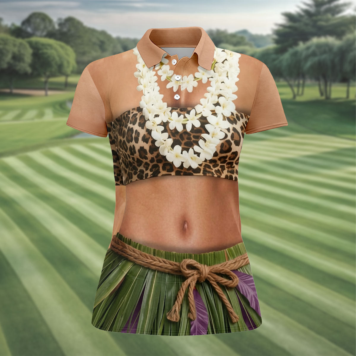 Floral Lei Tropical Theme Party Leopard Print Hawaiian Golf Shirt, Golf Shirt For Women
