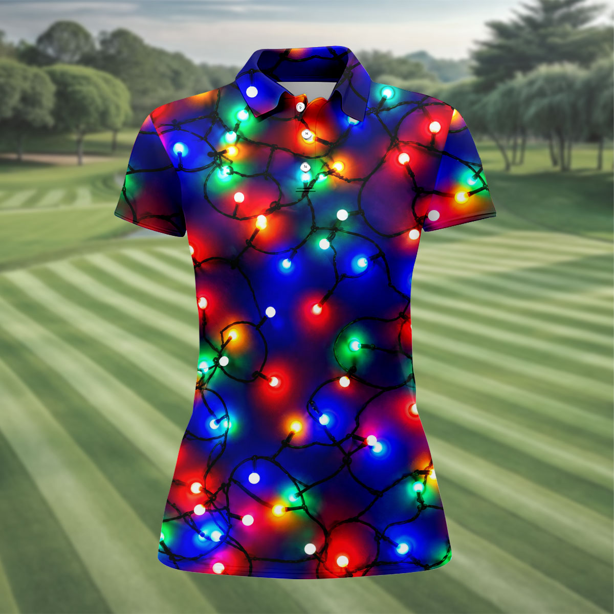 Colorful Christmas Lights Golf Polo Shirt, Christmas Golf Shirt, Golf Tops For Women