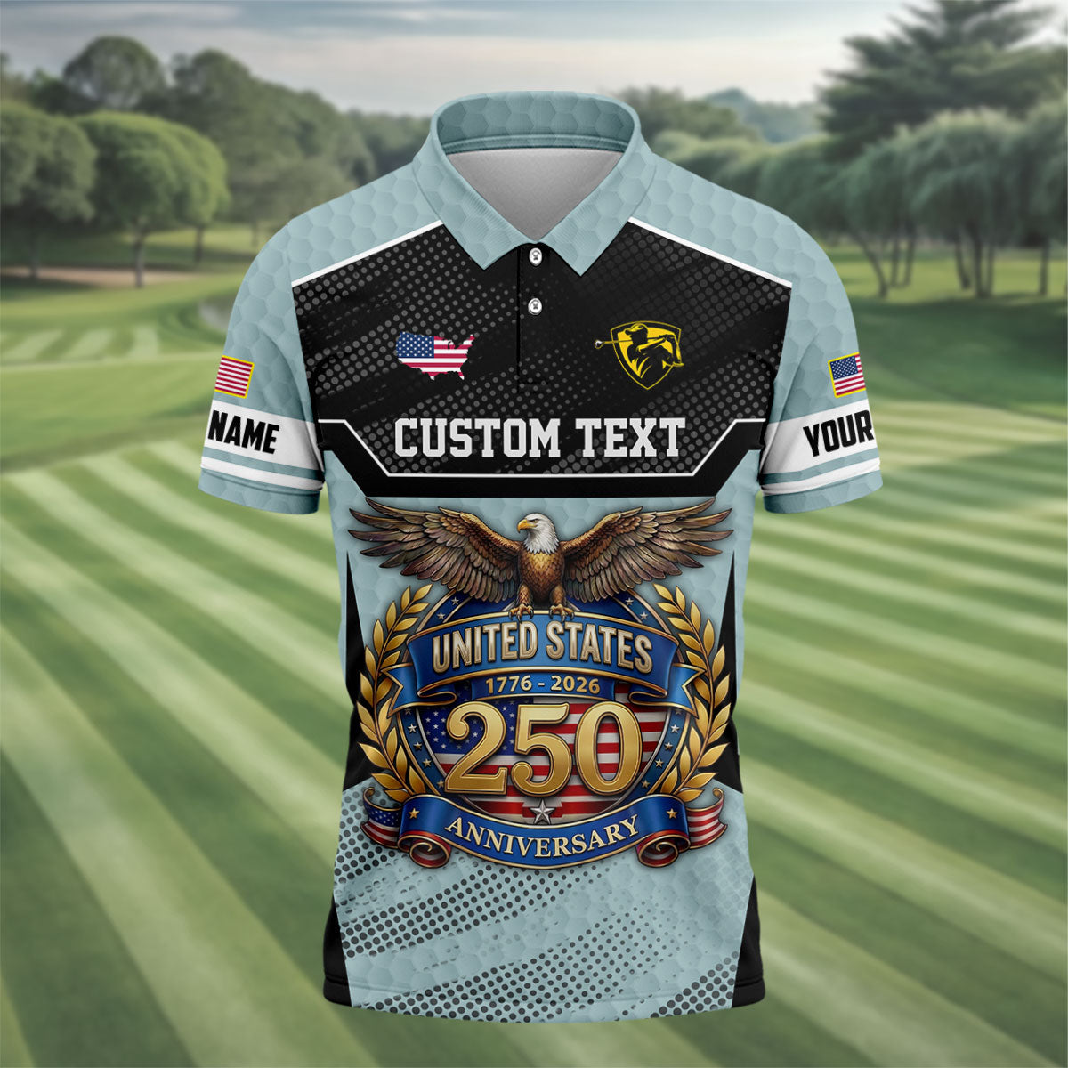 US 250 Anniversary Patriotic 4th Of July Blue Grey Golf Shirt, Polo Shirts For Men, Golf Shirts For Men