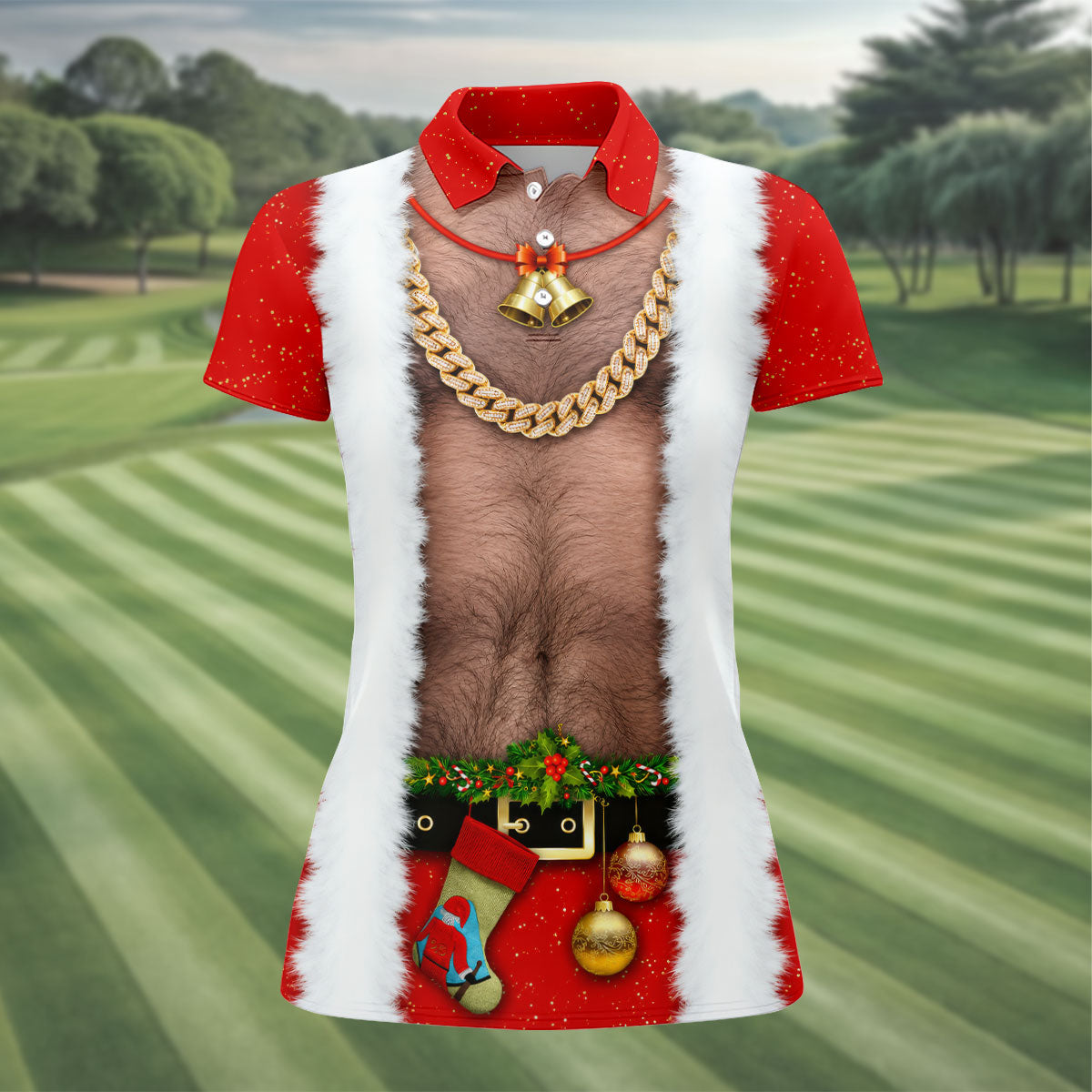 Funny Santa Gold Chain Christmas Golf Shirt, Women’s Golf Polo, Women’s Golf Apparel