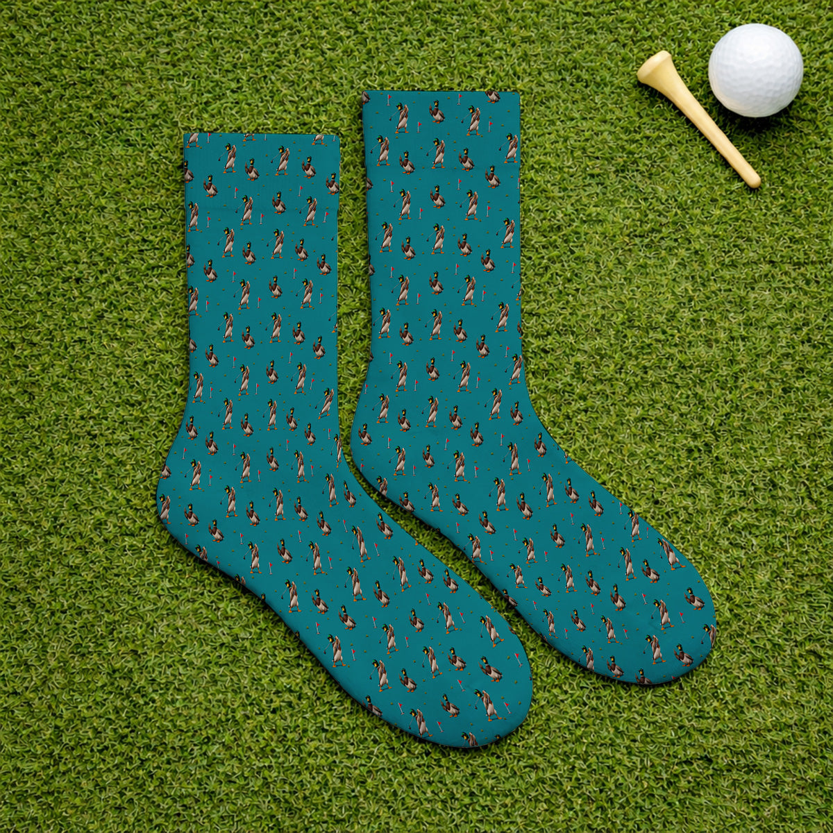 Funny Mallard Duck Golf Socks, Waterfowl Golf Pattern Sock, Gift For Duck Hunting & Golf Lovers