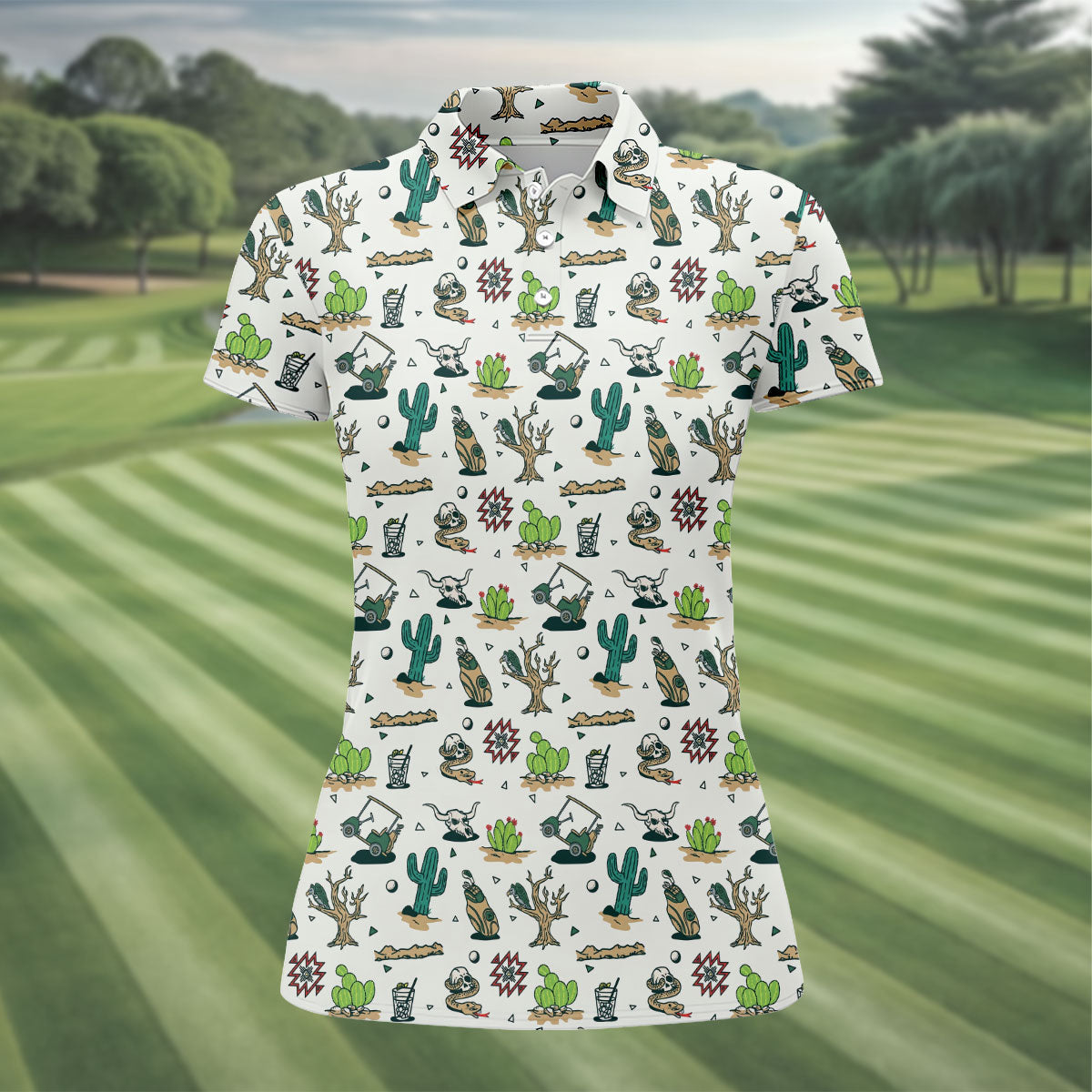 White Desert Golf Icons Pattern Golf Polo Shirt, Women's Golf Polo, Golf Polo Shirt