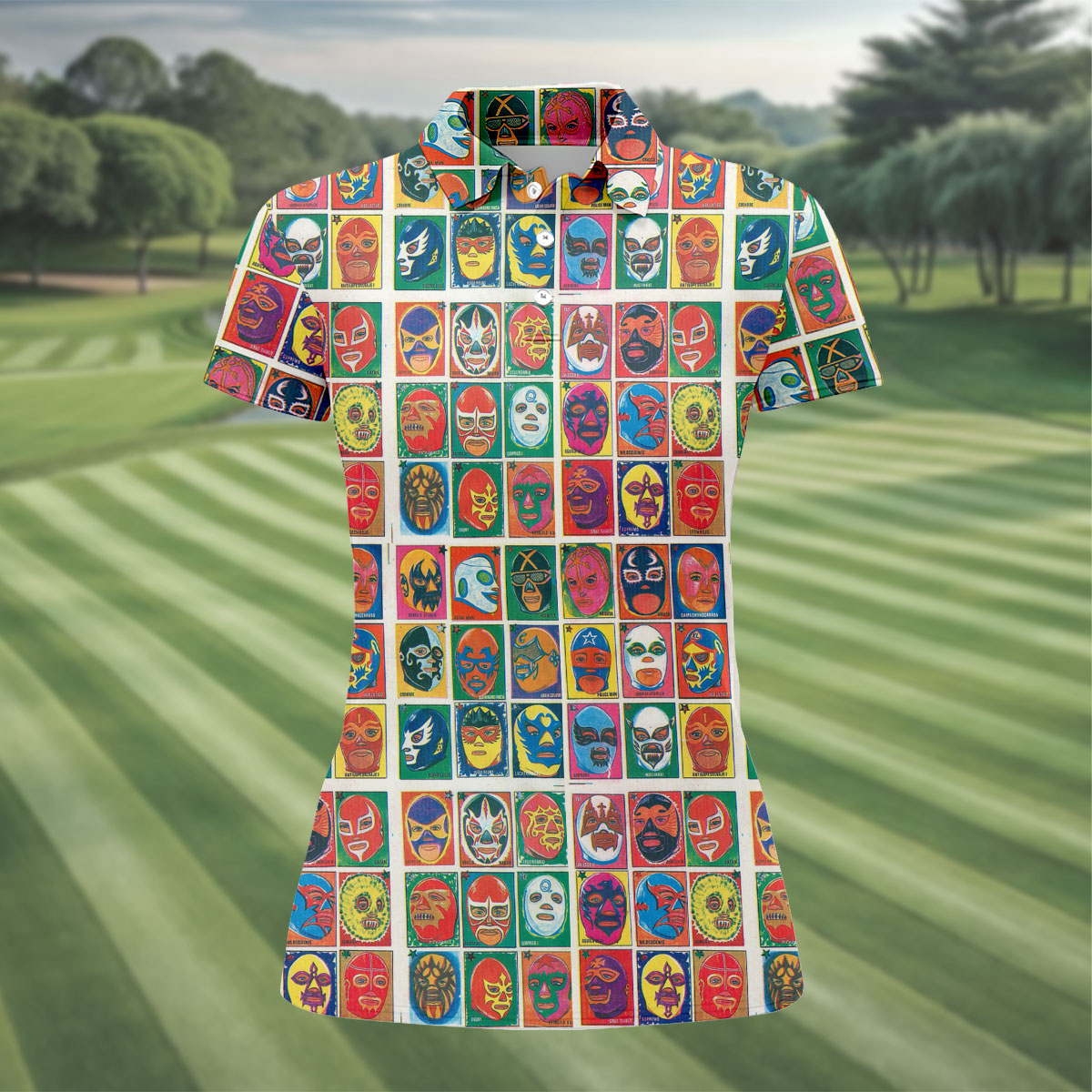 Lucha Libre Mask Grid Pattern Ladies Golf Tops, Cinco De Mayo Celebration Golf Shirt For Women