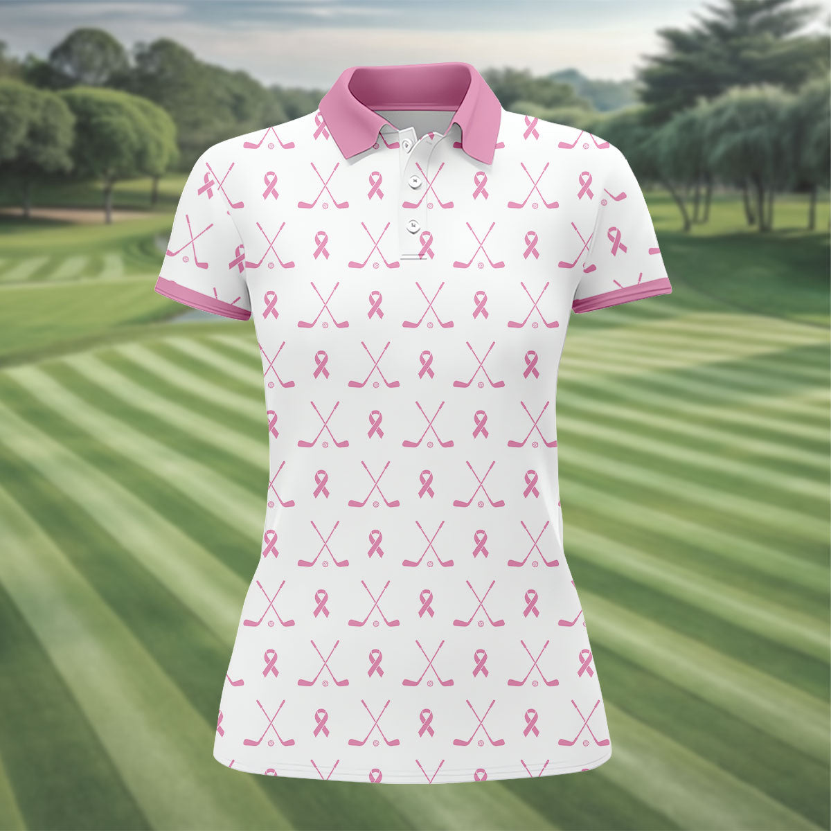 Pink Ribbon Golf Clubs Breast Cancer Polo Shirt, Golf Polo For Women, Ladies Golf Top