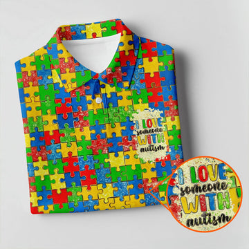 I Love Someone With Autism Colorful Puzzle Pattern Men's Golf Shirt, Autism Awareness Polo Shirts For Men