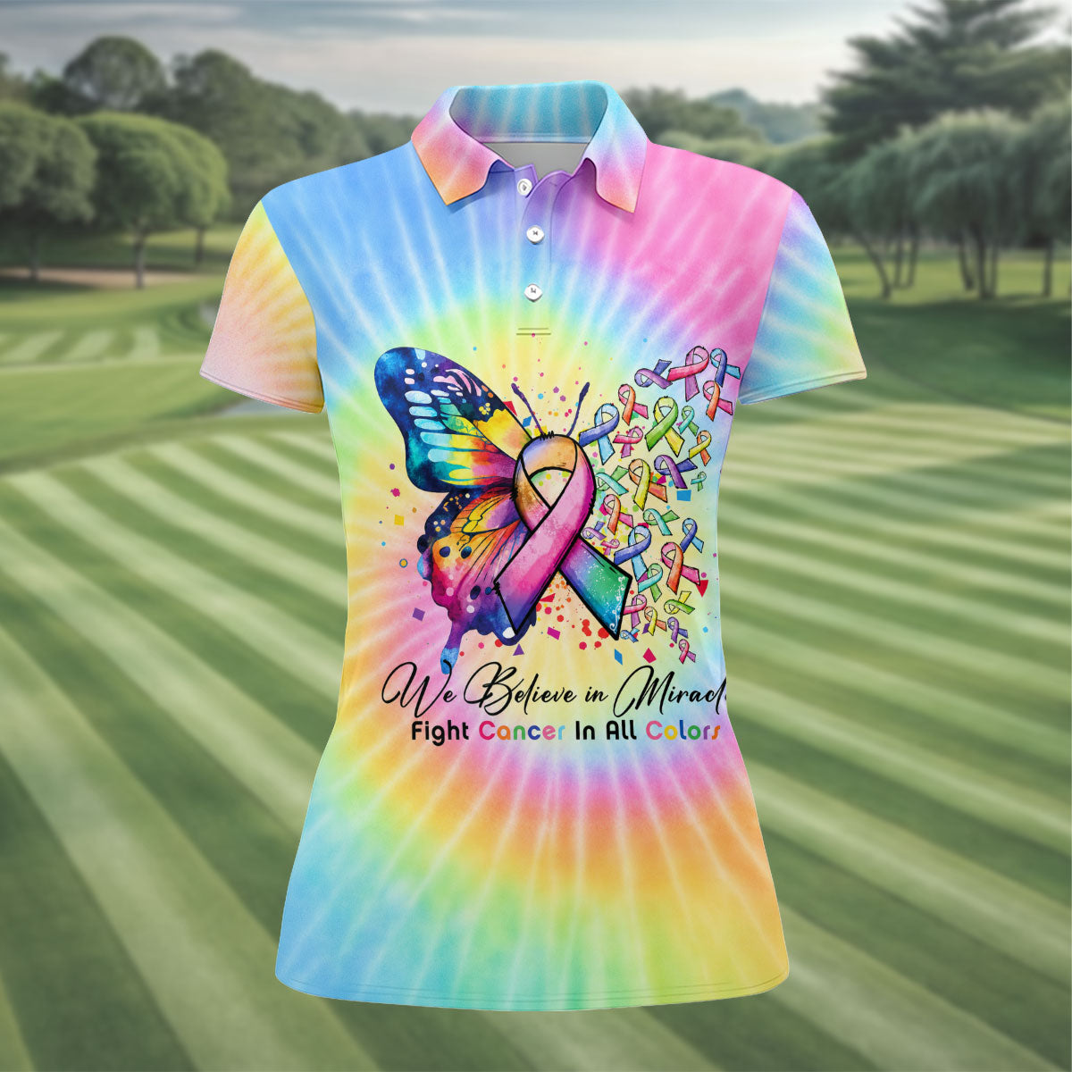 We Believe In Miracles Cancer Ribbon Polo Shirt, Women's Golf Polo, Golf Tops For Women