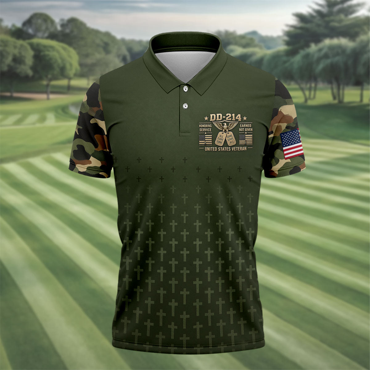 DD-214 Olive Green Cross Camo Polo Shirt, Veterans Day Shirt, Golf Shirts For Men