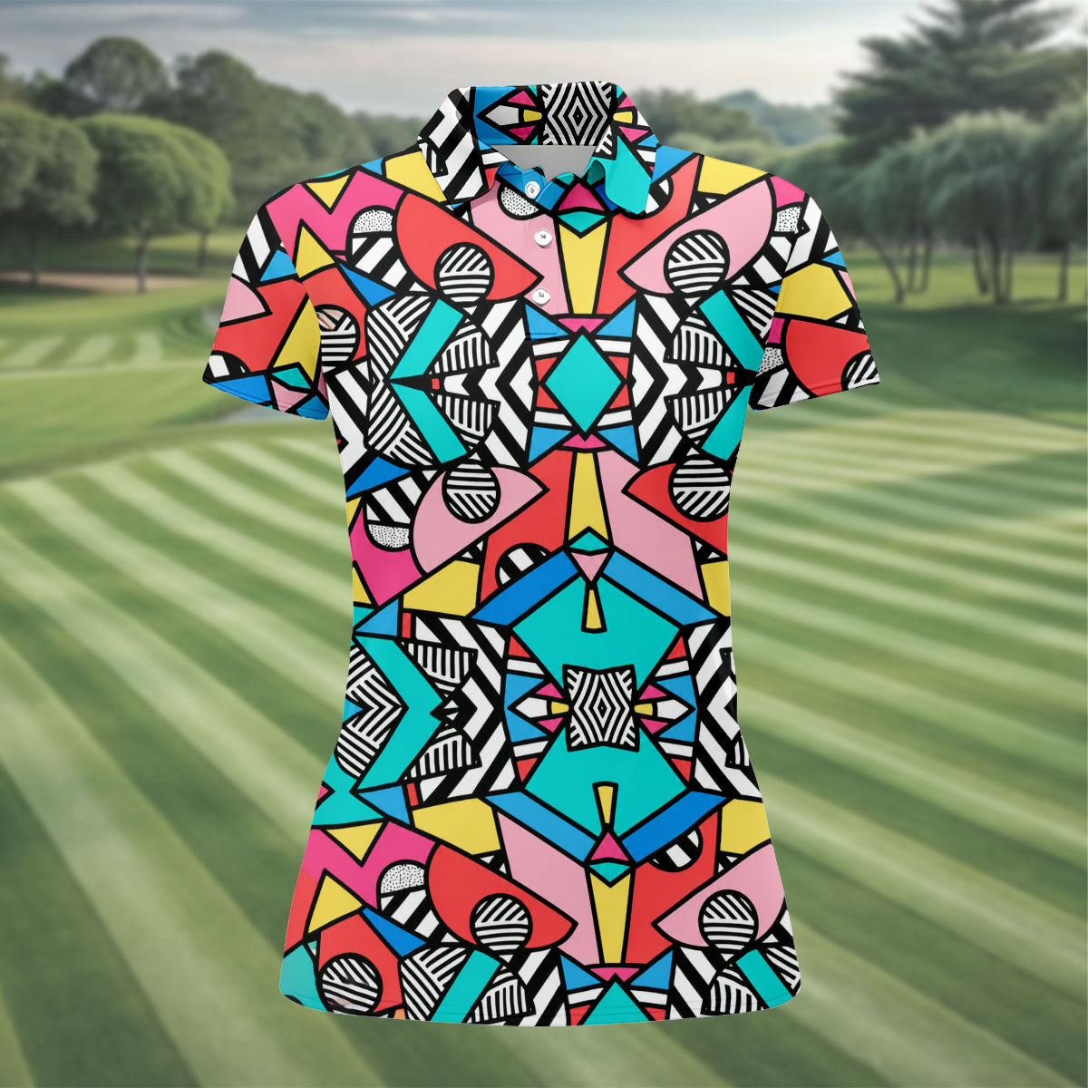 Abstract Geometric Pop Art Golf Polo Shirt, Women's Golf Tops, Women’s Golf Apparel