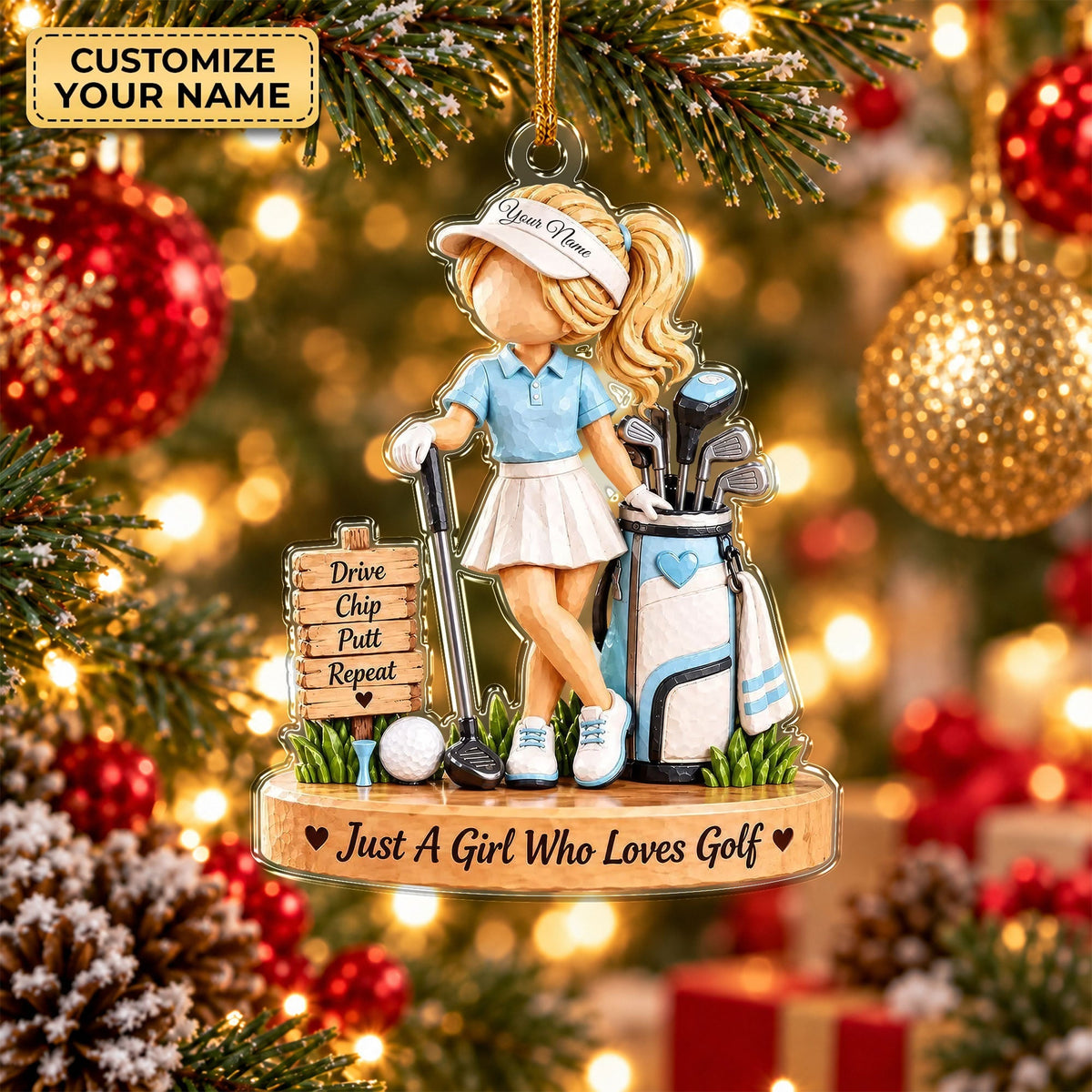 Custom Name Golf Girl Acrylic Ornament, Christmas Keepsake, Christmas Tree Decor