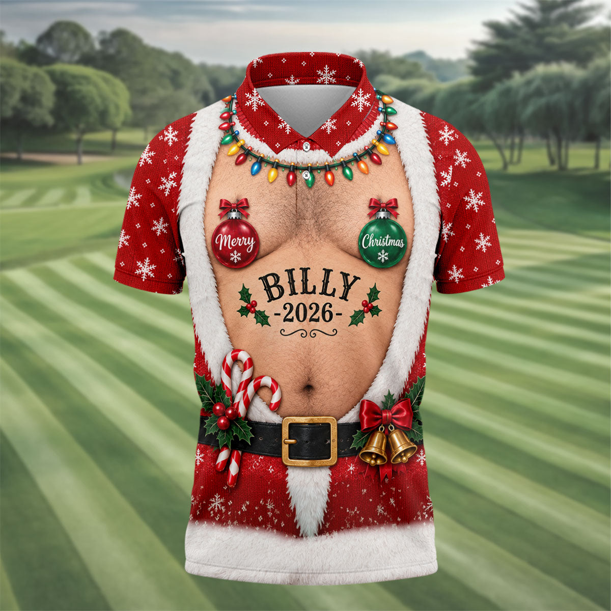 Funny Merry Christmas Custom Name Polo Shirt, Hawaiian Golf Shirt, Mens Golf Apparel