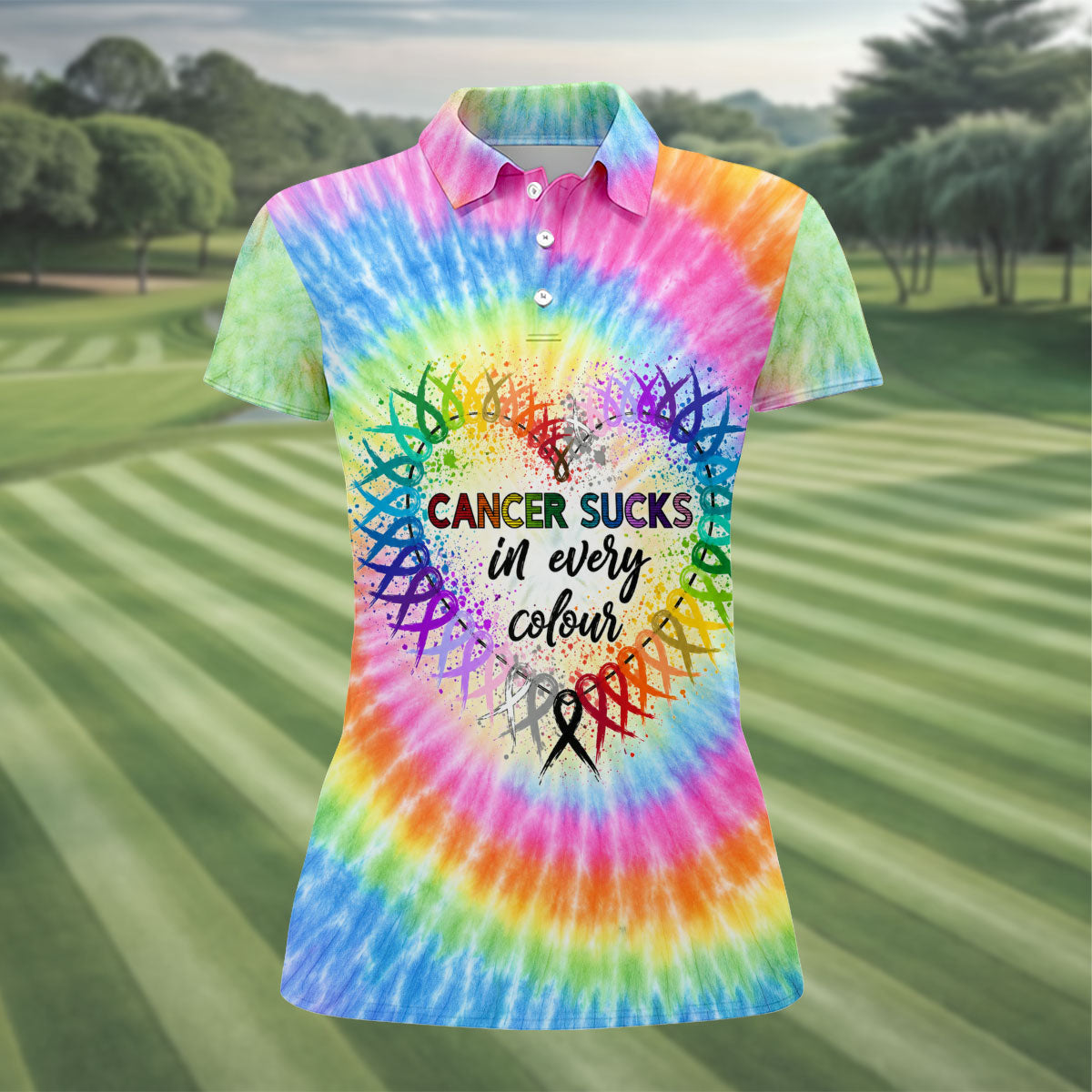Cancer Sucks In Every Colour Tie Dye Ribbon Polo Shirt, Ladies Golf Tops, Printed Golf Shirt