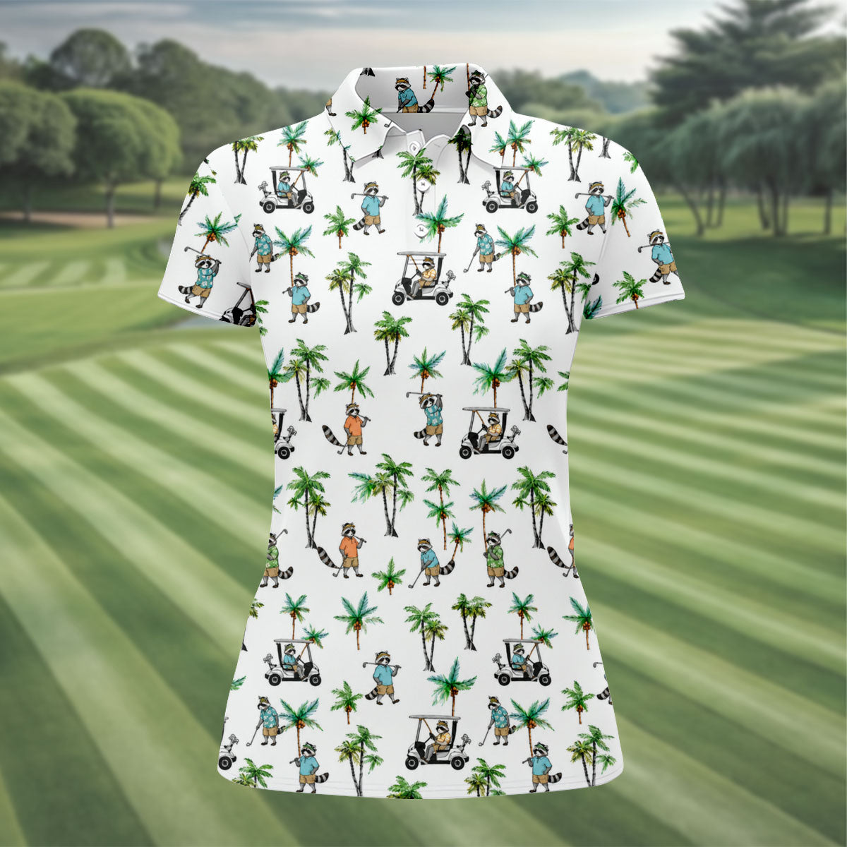 Funny Raccoon Tropical Golf Pattern Polo Shirt, Womens Golf Tops, Printed Golf Shirt