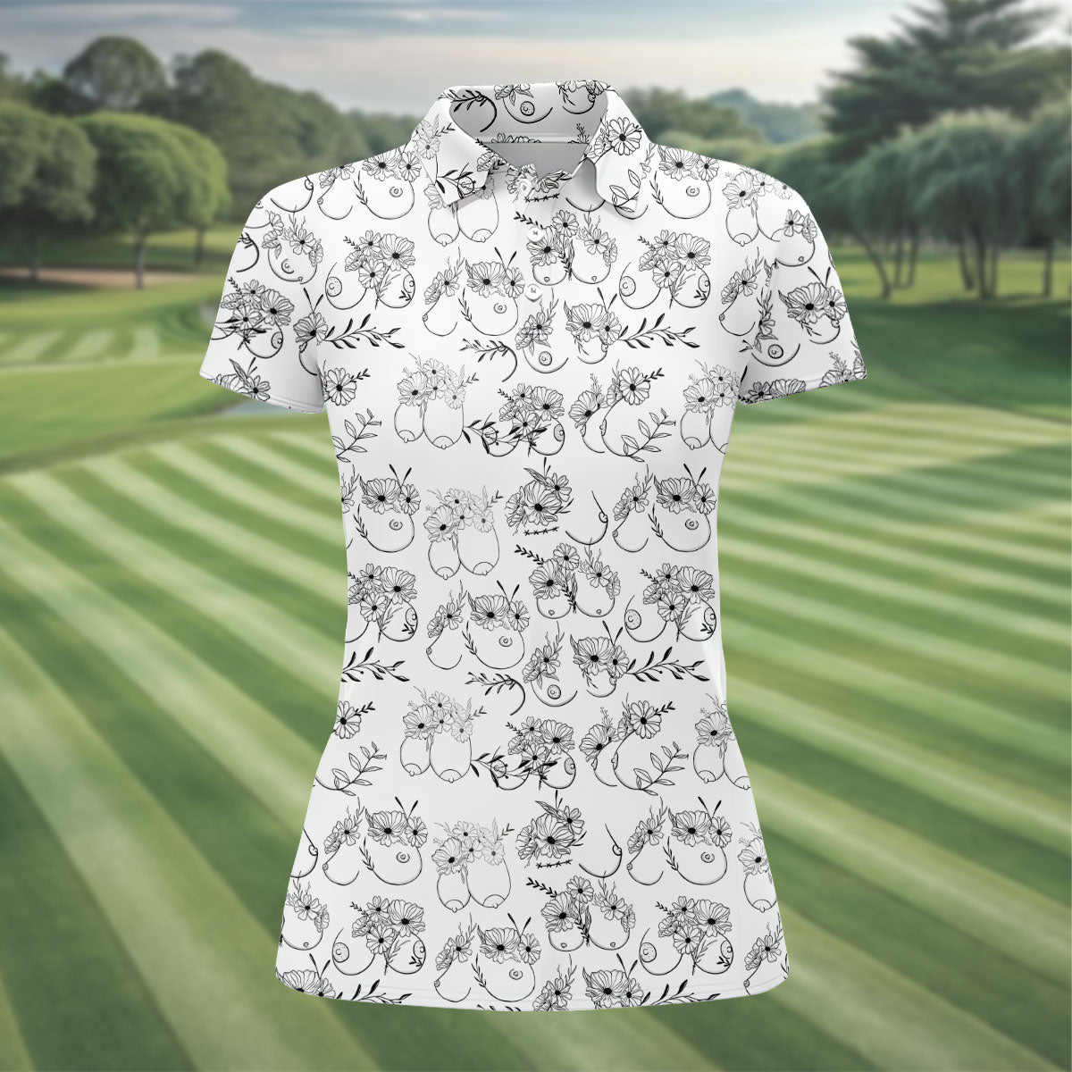 Floral Boobs Line Art Golf Polo Shirt, Women's Golf Shirts, Golf Apparel For Women