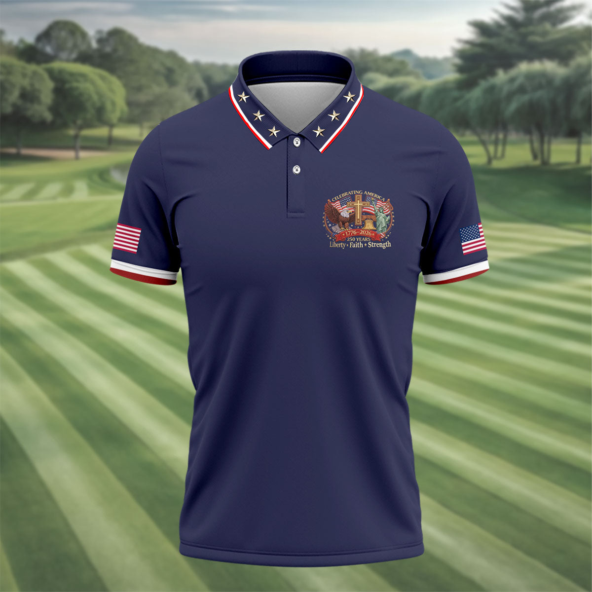 Liberty Faith Strength Faith Cross USA 250 Navy Golf Shirt, 4th Of July Golf Shirts For Men