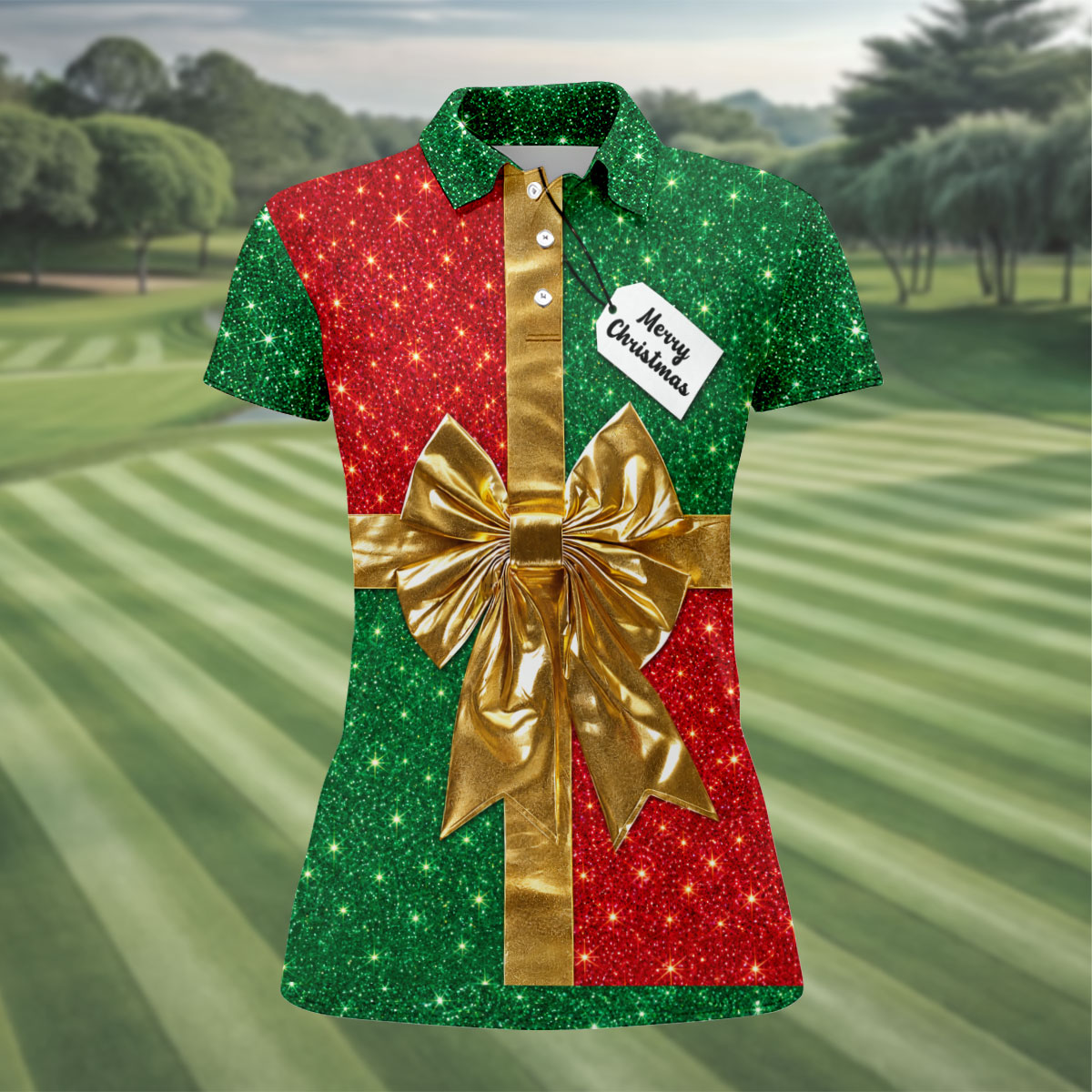 Merry Christmas Golden Gift Bow Golf Polo Shirt, Ladies Golf Shirts, Golf Shirts For Women