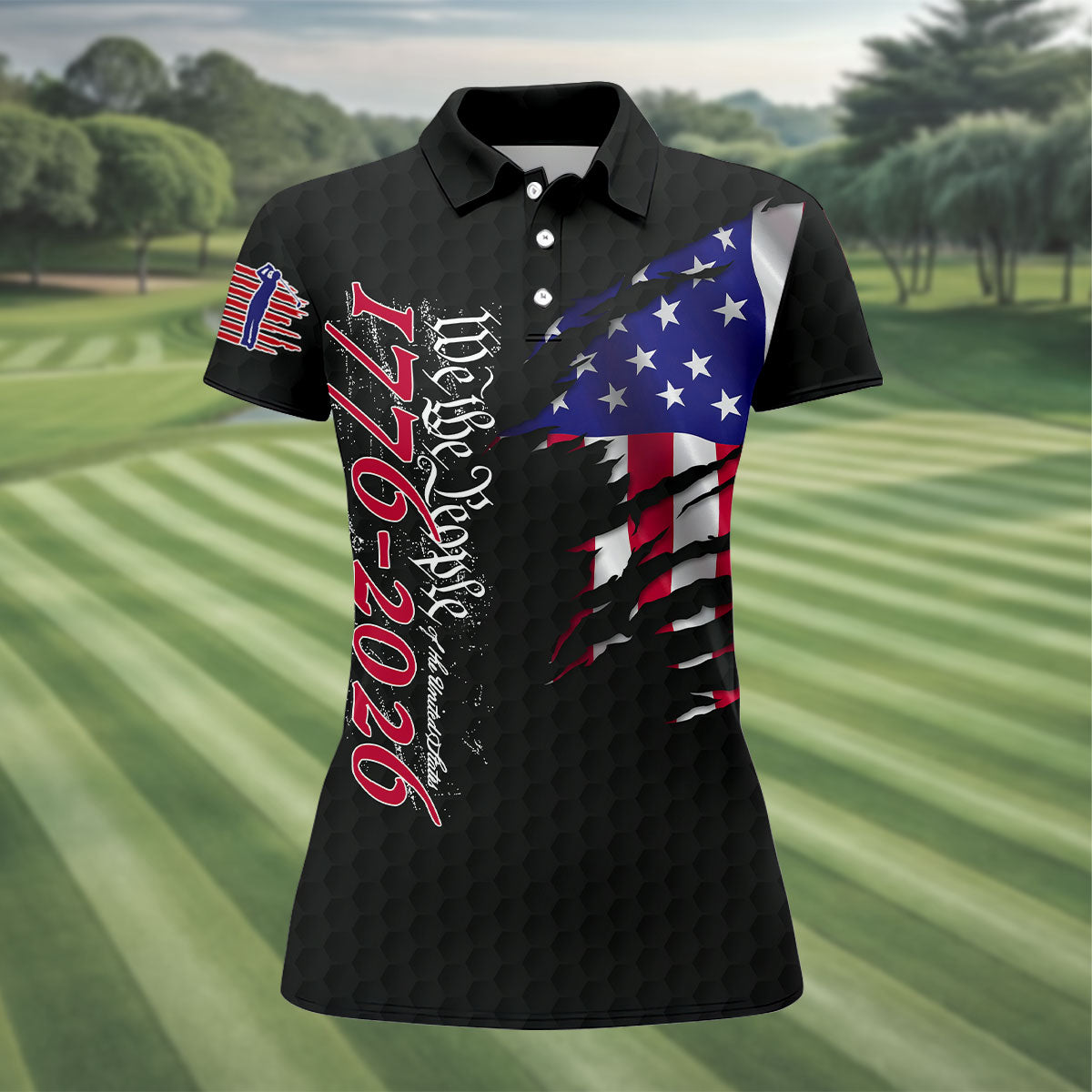 We The People Distressed American Flag Black Golf Shirt, 4th Of July Golf Shirt For Women