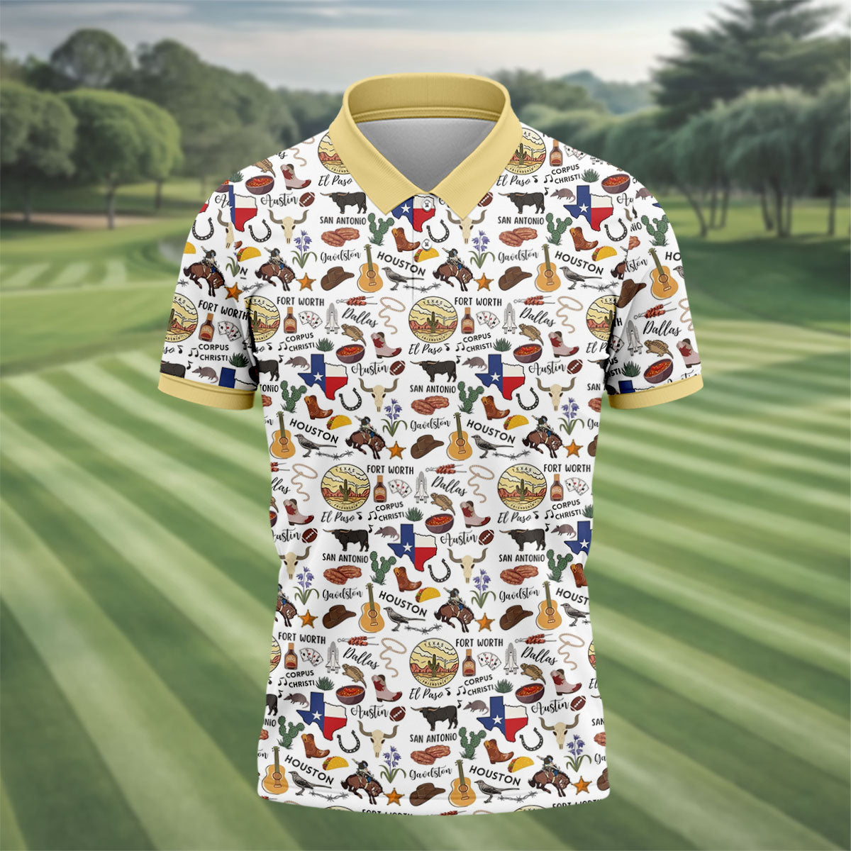 Texas Symbols Western Theme Doodle Style Golf Tops For Men, Polo Shirts For Men, Golf Shirts For Men