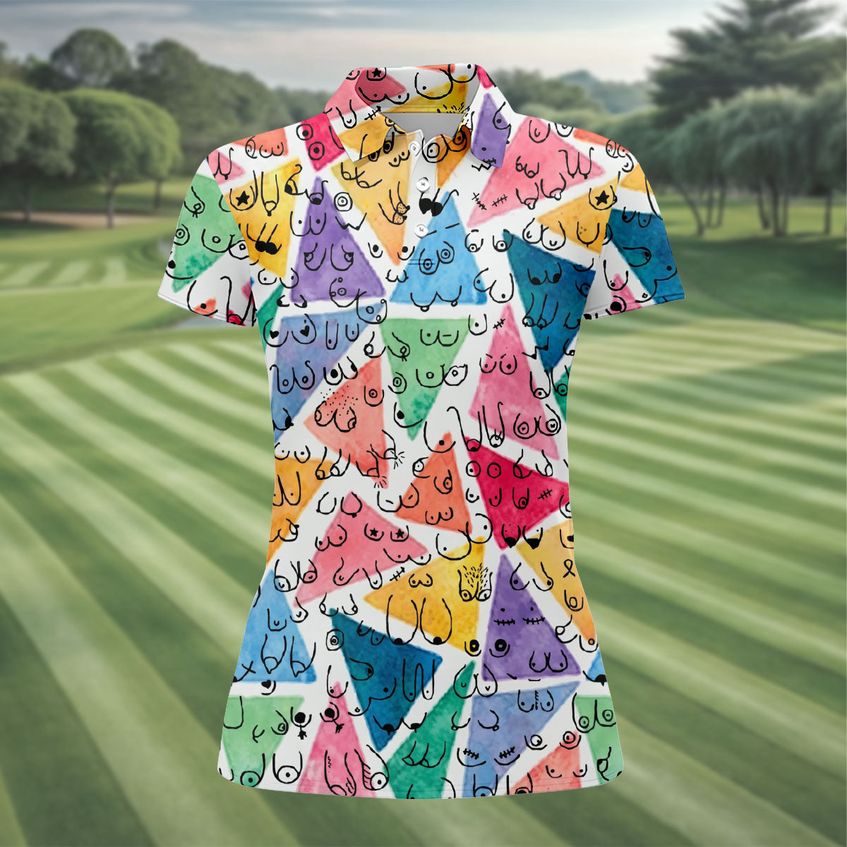 Multicolor Abstract Boob Pattern Golf Polo Shirt, Golf Tops For Women, Ladies Golf Shirt
