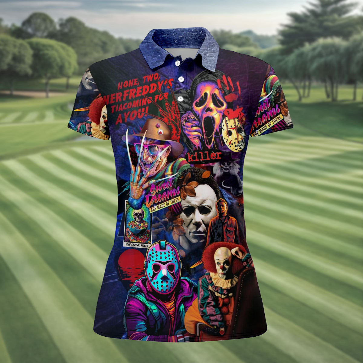Vintage Horror Character Movie Villain Collage Golf Polo Shirt, Womens Golf Polo, Ladies Golf Shirts