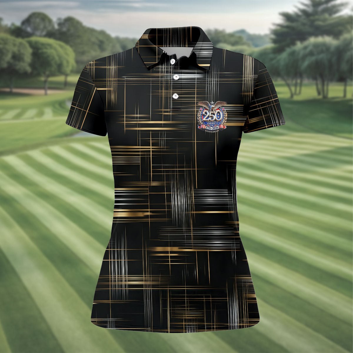 Gold And Silver Grid Pattern Patriotic 4th Of July Golf Shirt, 250 Years Golf Shirt For Women
