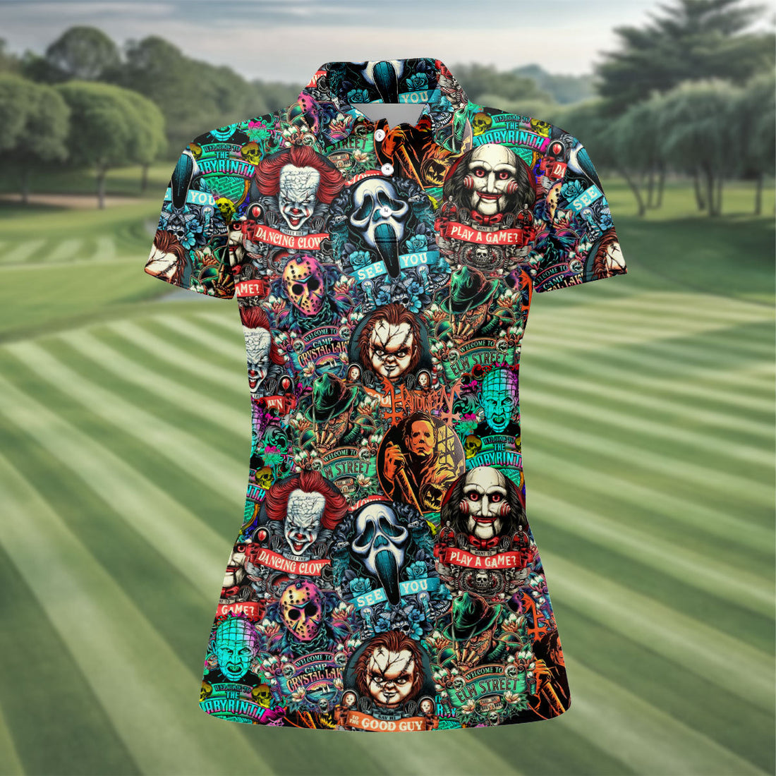 Play A Game Horror Character Golf Polo Shirt, Women's Halloween Shirt, Women's Golf Polo
