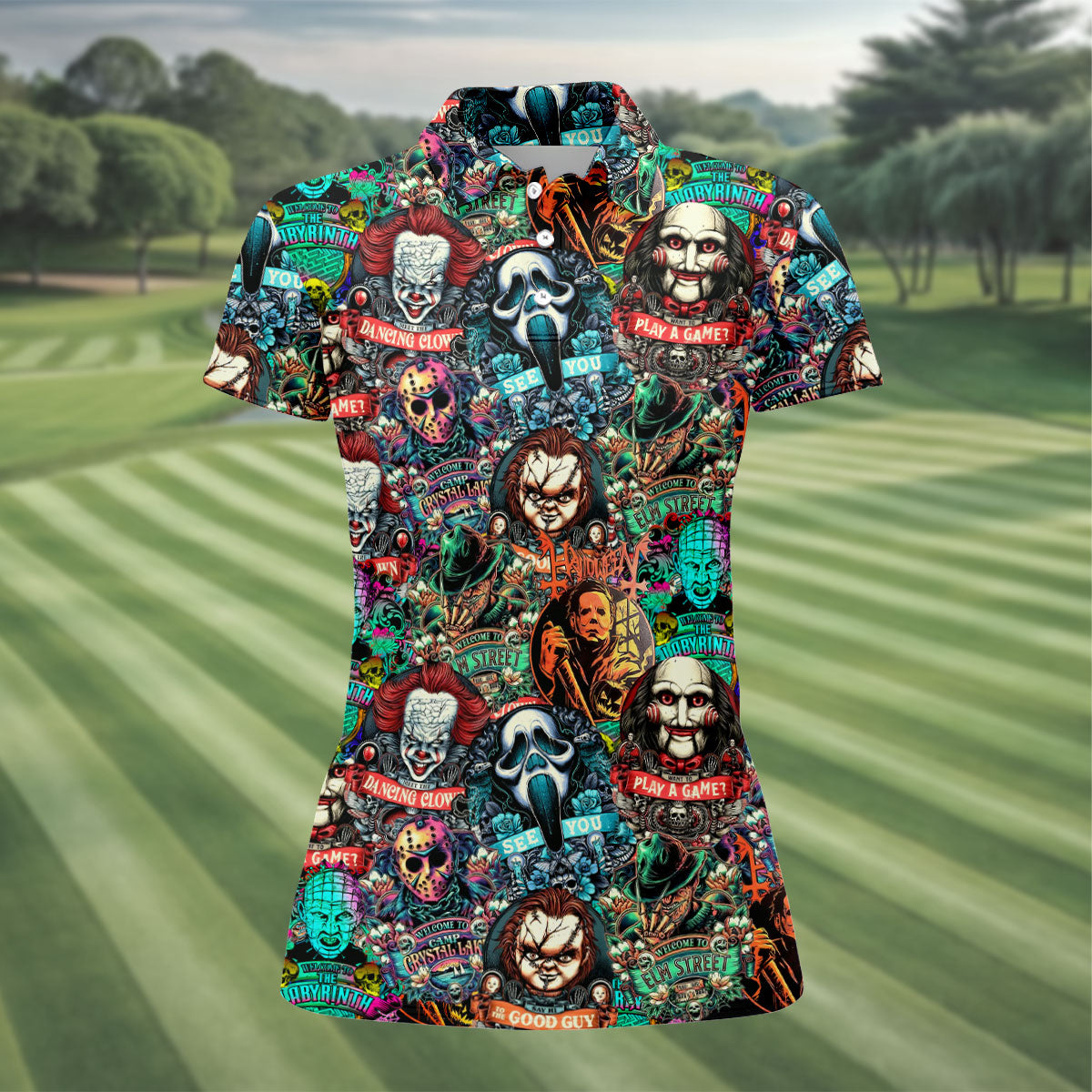 Play A Game Horror Character Golf Polo Shirt, Women's Halloween Shirt, Women's Golf Polo