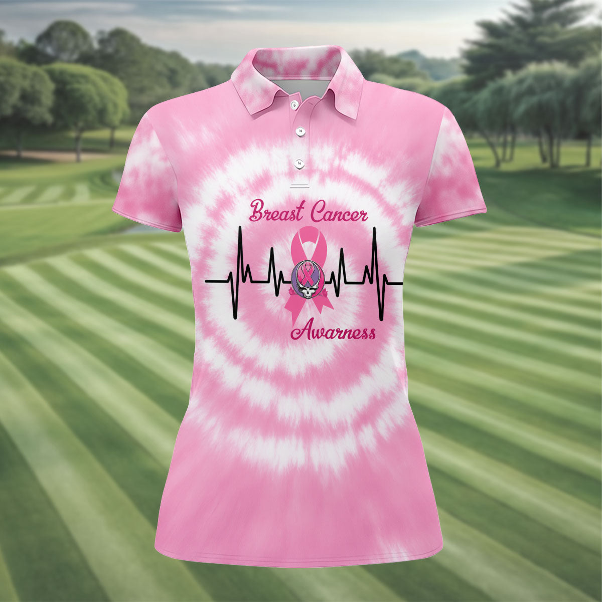 Hope For A Cure Tie Dye Skull Breast Cancer Polo Shirt, Golf Tops For Women, Women’s Golf Apparel