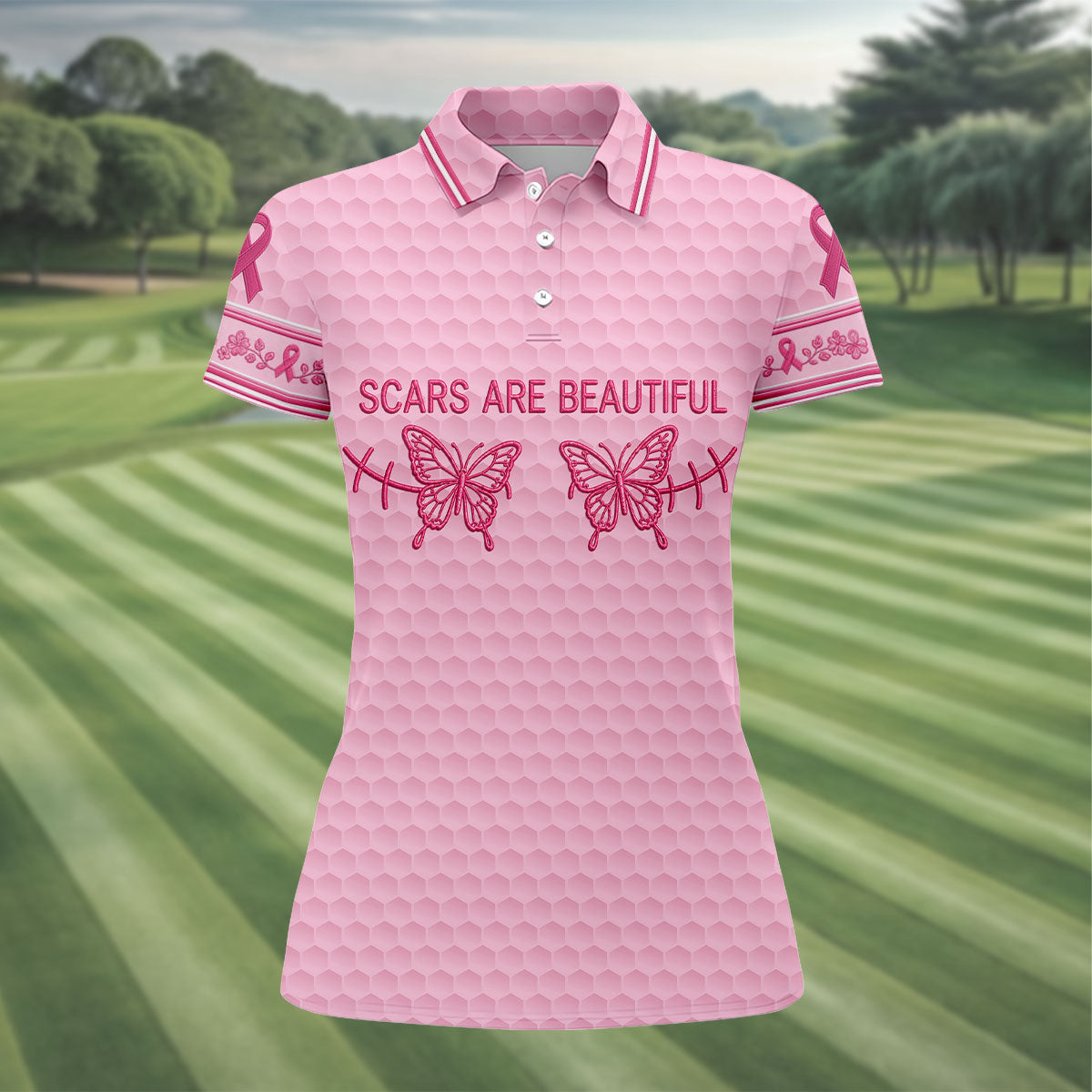 Scars Are Beautiful Butterfly Breast Cancer Golf Polo Shirt, Women’s Golf Tops, Ladies Golf Shirt