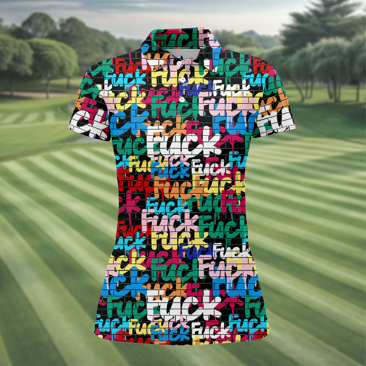 Bold Colorful Fuck Graffiti Typography Golf Shirt, Women's Golf Tops, Golf Shirts For Women