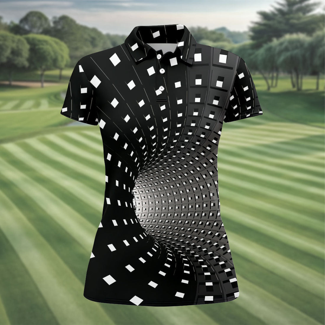 3D Vortex Golf Shirt, Black White Optical Illusion Tunnel Pattern, Golf Shirt For Women