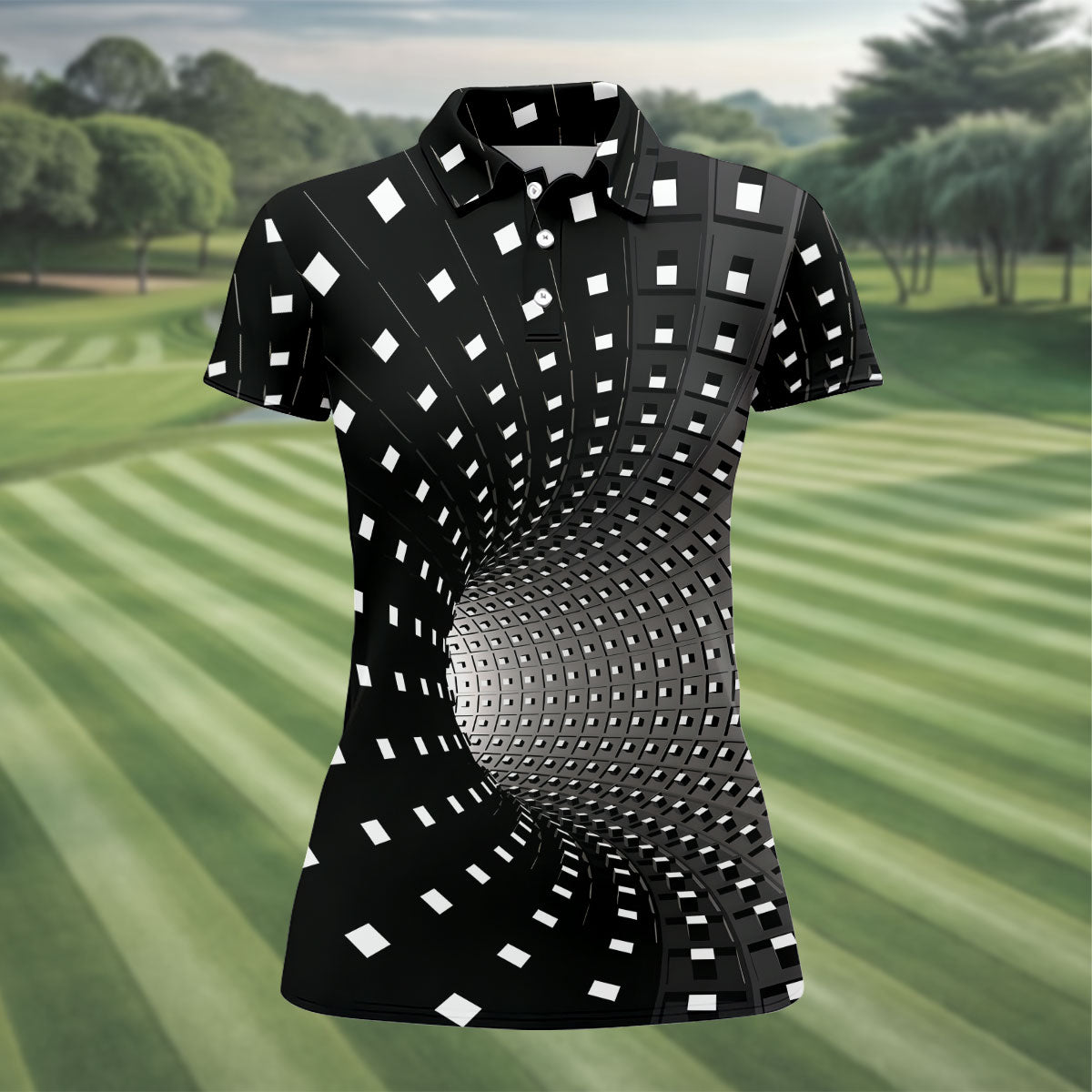 3D Vortex Golf Shirt, Black White Optical Illusion Tunnel Pattern, Golf Shirt For Women