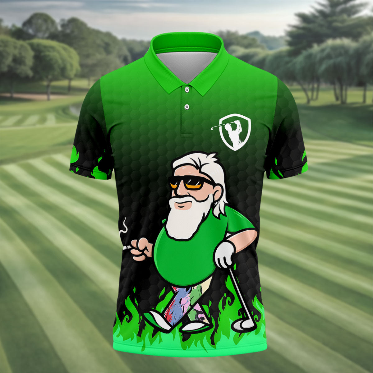 Cool Bearded Golfer Cartoon Men's Golf Shirt, Golf Polo Shirts For Men, Printed Golf Shirts
