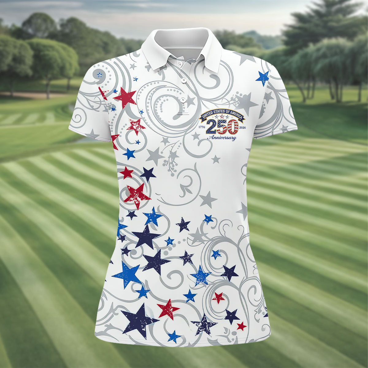 United States Of America 250 Anniversary Patriotic 4th Of July Golf Shirt, Red Blue Stars Golf Shirt For Women