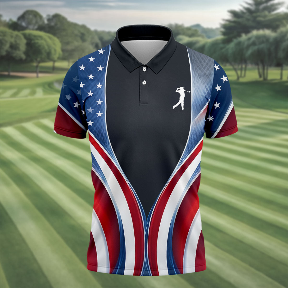 Red White Blue Wavy Stripes Patriotic Golf Shirt, 250 Years 4th Of July Golf Shirts For Men