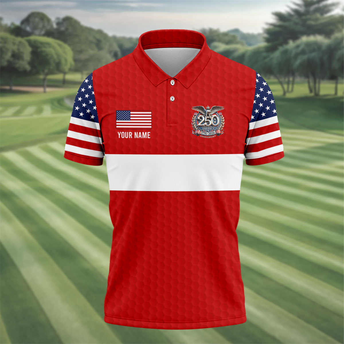 250 Years Red White Blue Stars And Stripes Golf Shirt, Patriotic 4th Of July Golf Shirts For Men