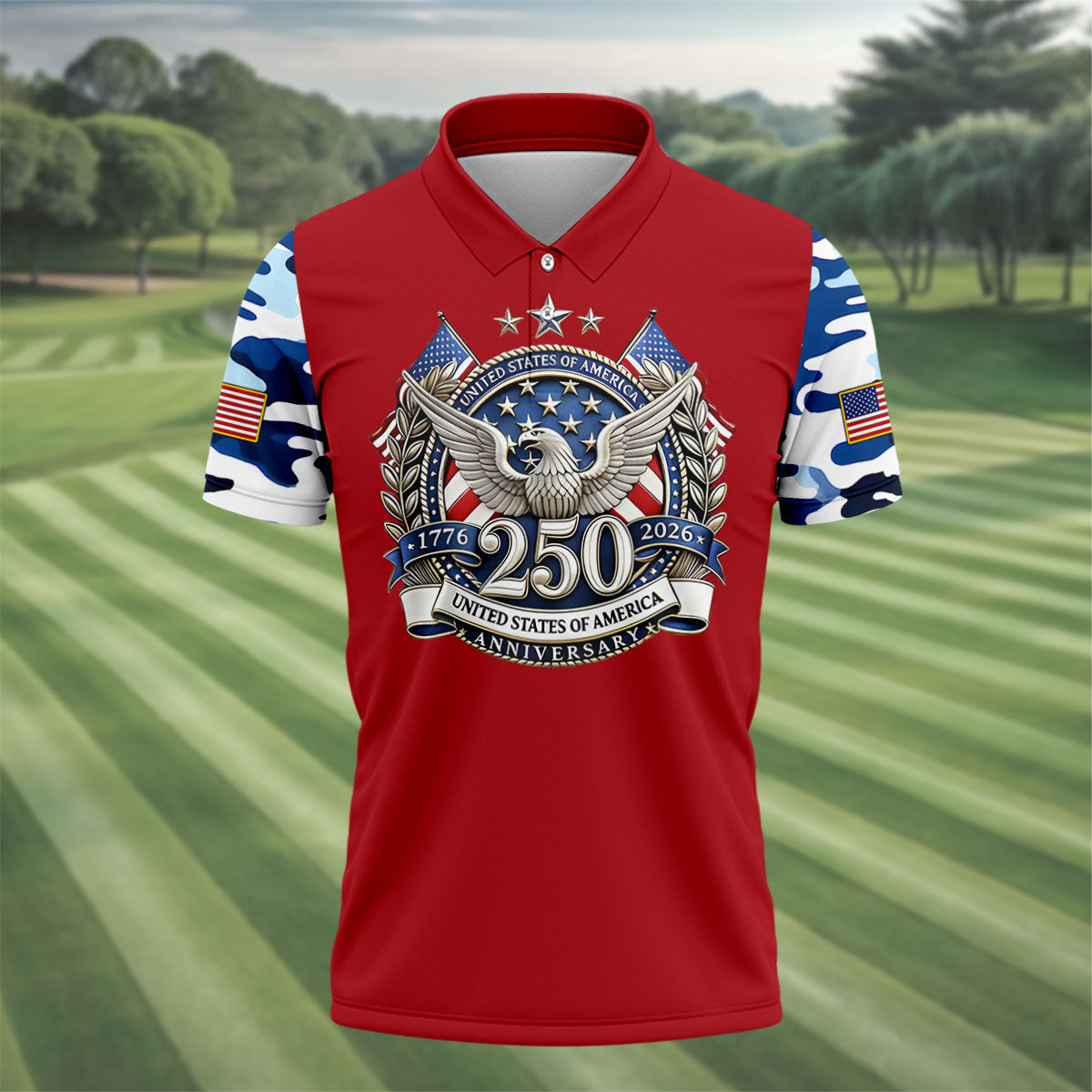 Patriotic Bald Eagle Blue And White Camo Red Golf Shirt, 250th Anniversary Golf Shirts For Men