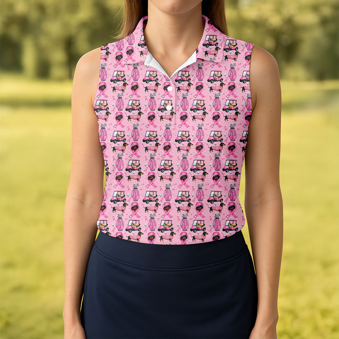 Cute Dog Golf Cart Breast Cancer Ribbon Polo Shirt, Ladies Golf Tops, Women’s Golf Polo