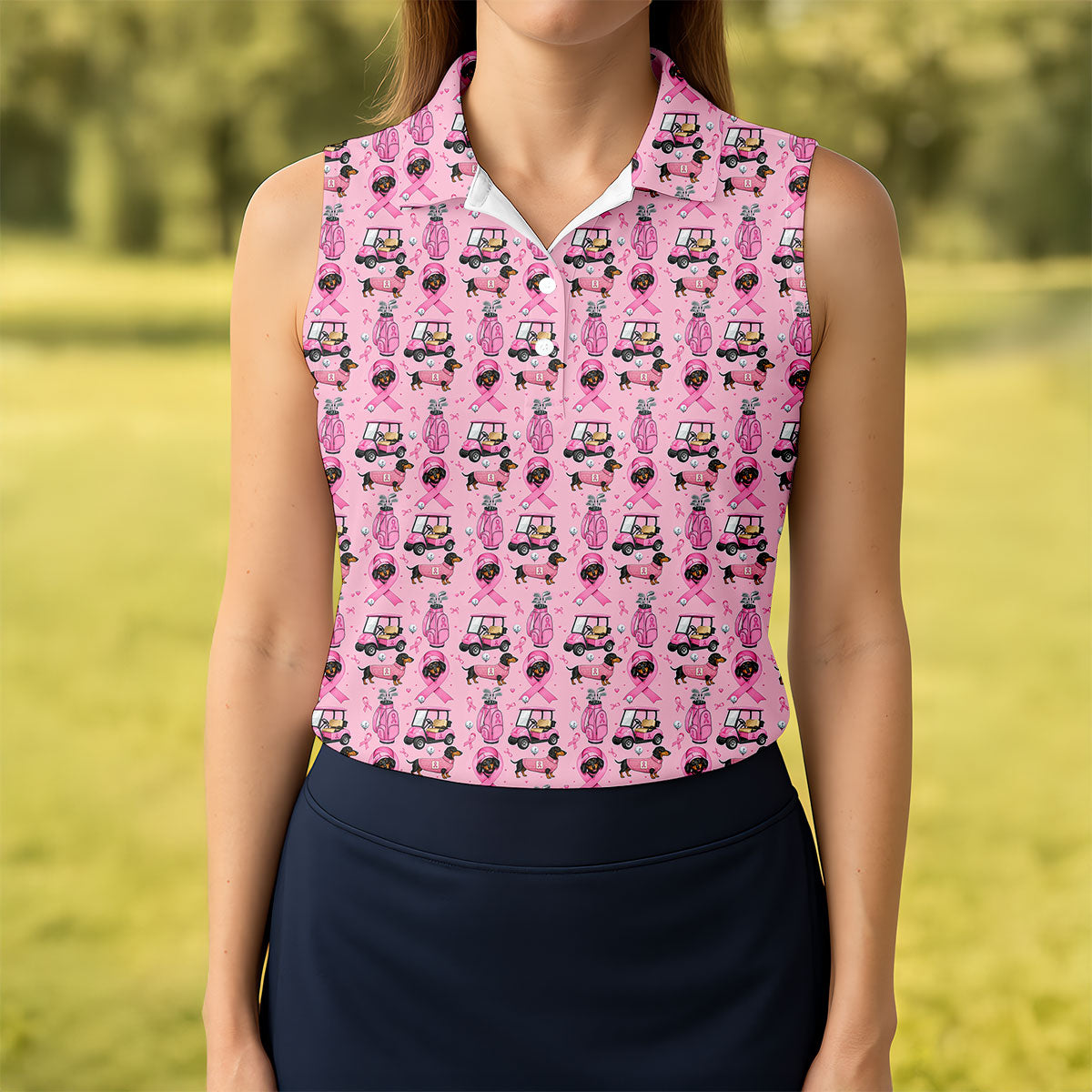 Cute Dog Golf Cart Breast Cancer Ribbon Polo Shirt, Ladies Golf Tops, Women’s Golf Polo