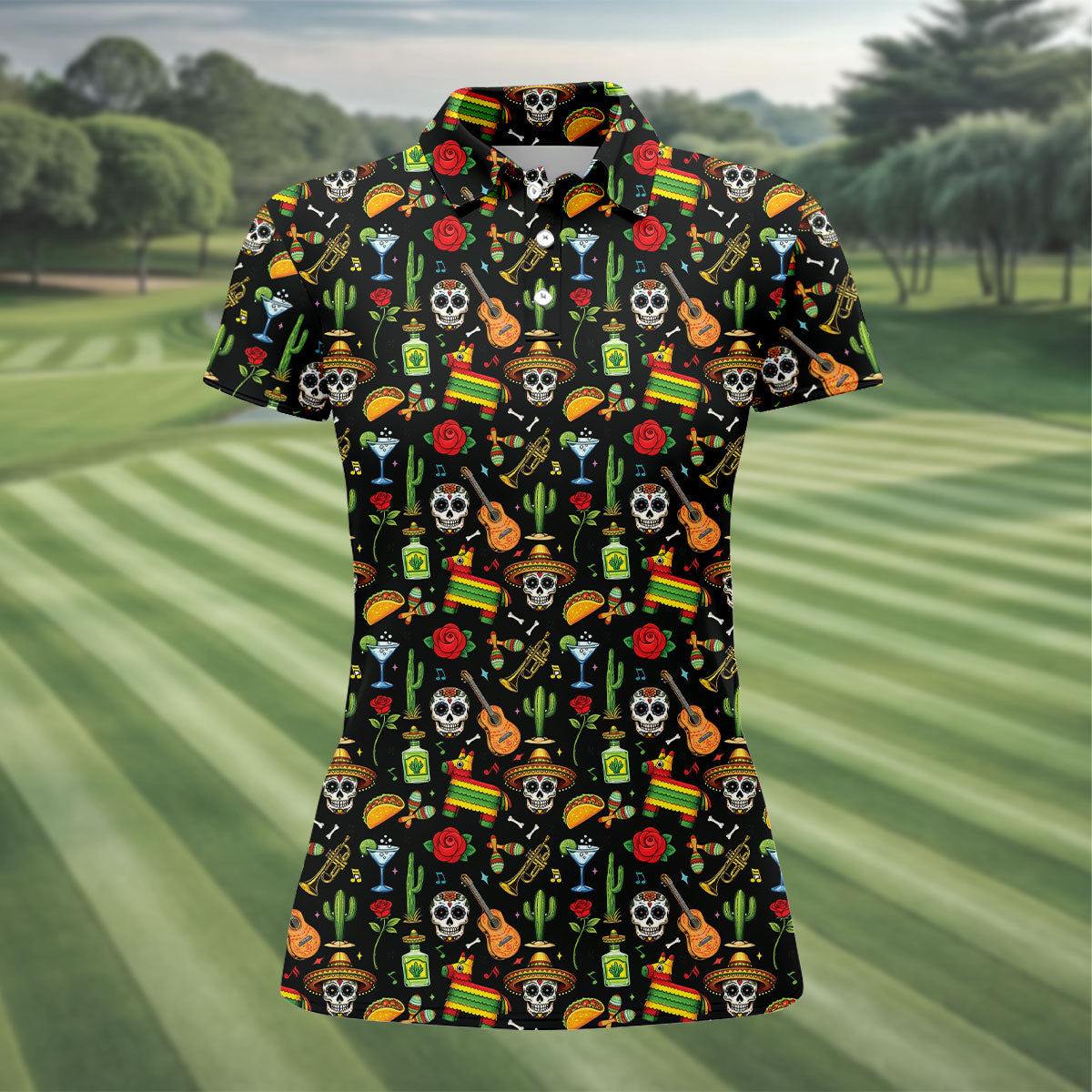 Decorated Skulls Party Items Cinco De Mayo Celebration Fiesta Themed Black Golf Shirt For Women
