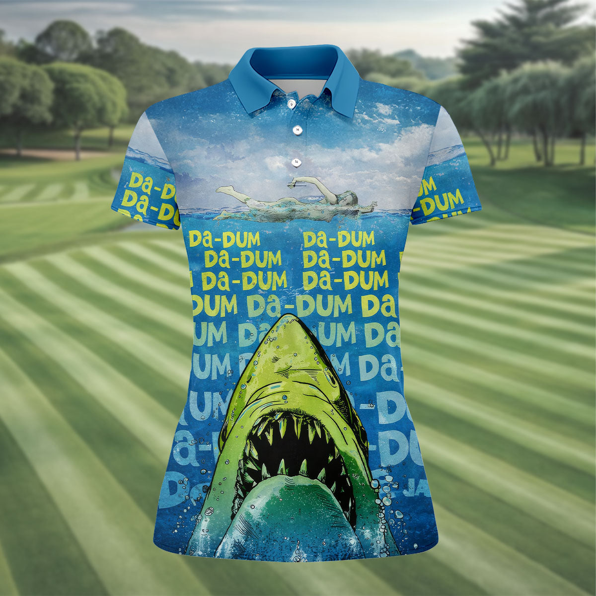 Funny Shark Da Dum Ocean Attack Golf Polo Shirt, Golf Shirts For Women, Women's Golf Apparel