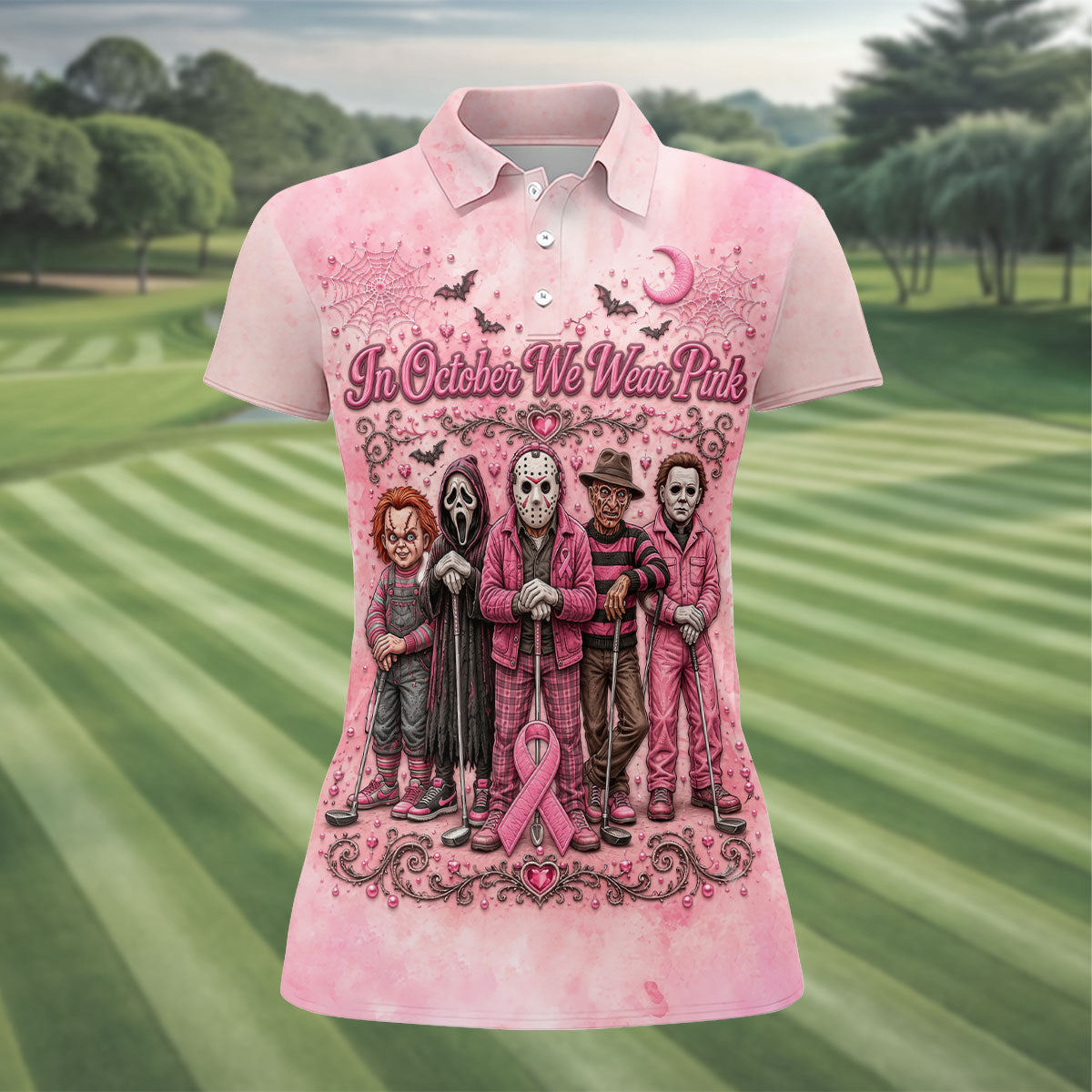 In October We Wear Pink Breast Cancer Horror Characters Golf Polo, Golf Shirts For Women