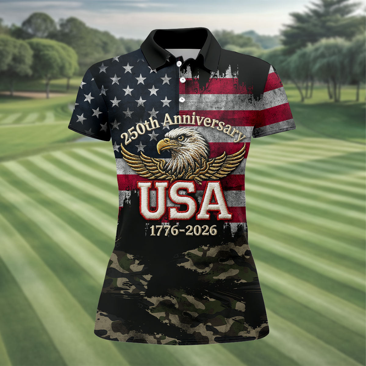 250th Anniversary Camo Golf Shirt, Distressed US Flag Patriotic 4th Of July Golf Shirt For Women