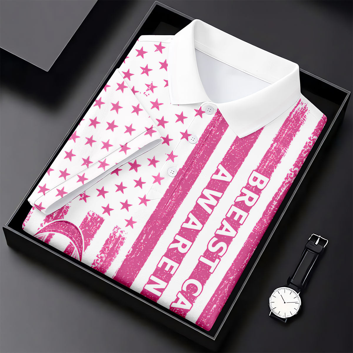 American Flag Breast Cancer Ribbon Polo Shirt, Women’s Golf Polo, Ladies Golf Tops