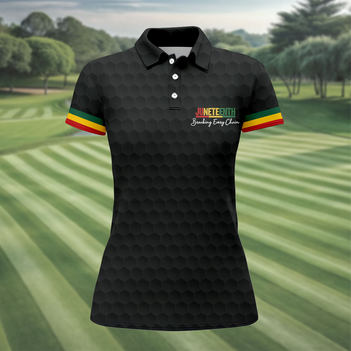 Juneteenth Breaking Every Chain Golf Ball Pattern Ladies Golf Tops, Black Heritage Day Golf Shirt For Women