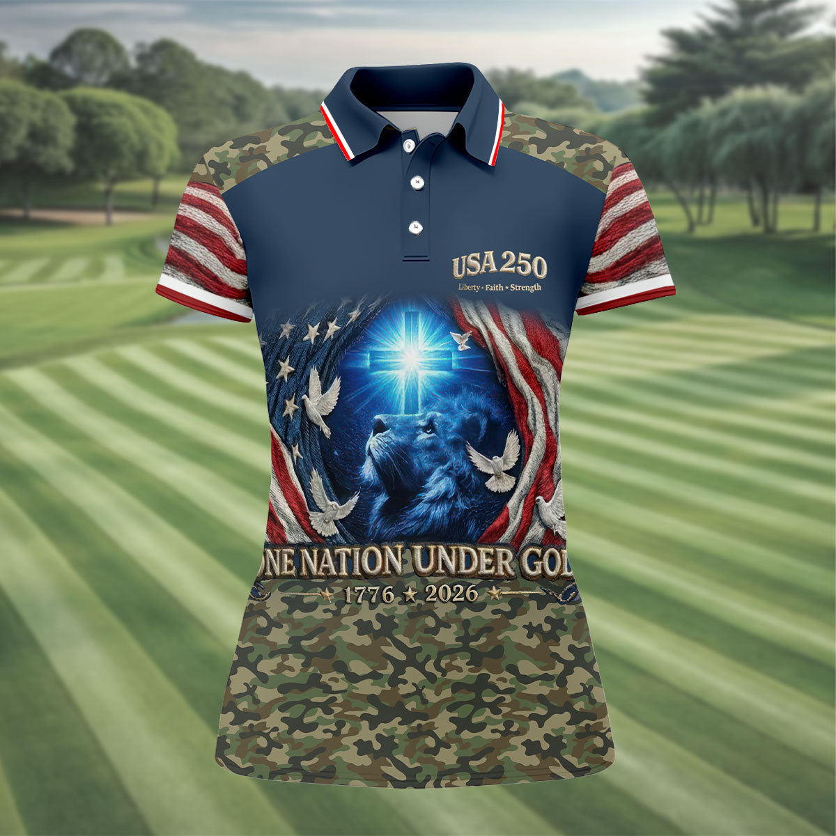 One Nation Under God Faith Cross USA 250 Navy Camo Golf Shirt, 4th Of July Golf Shirt For Women