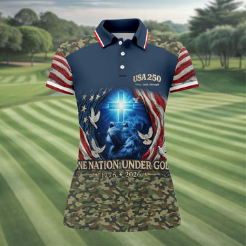 One Nation Under God Faith Cross USA 250 Navy Camo Golf Shirt, 4th Of July Golf Shirt For Women