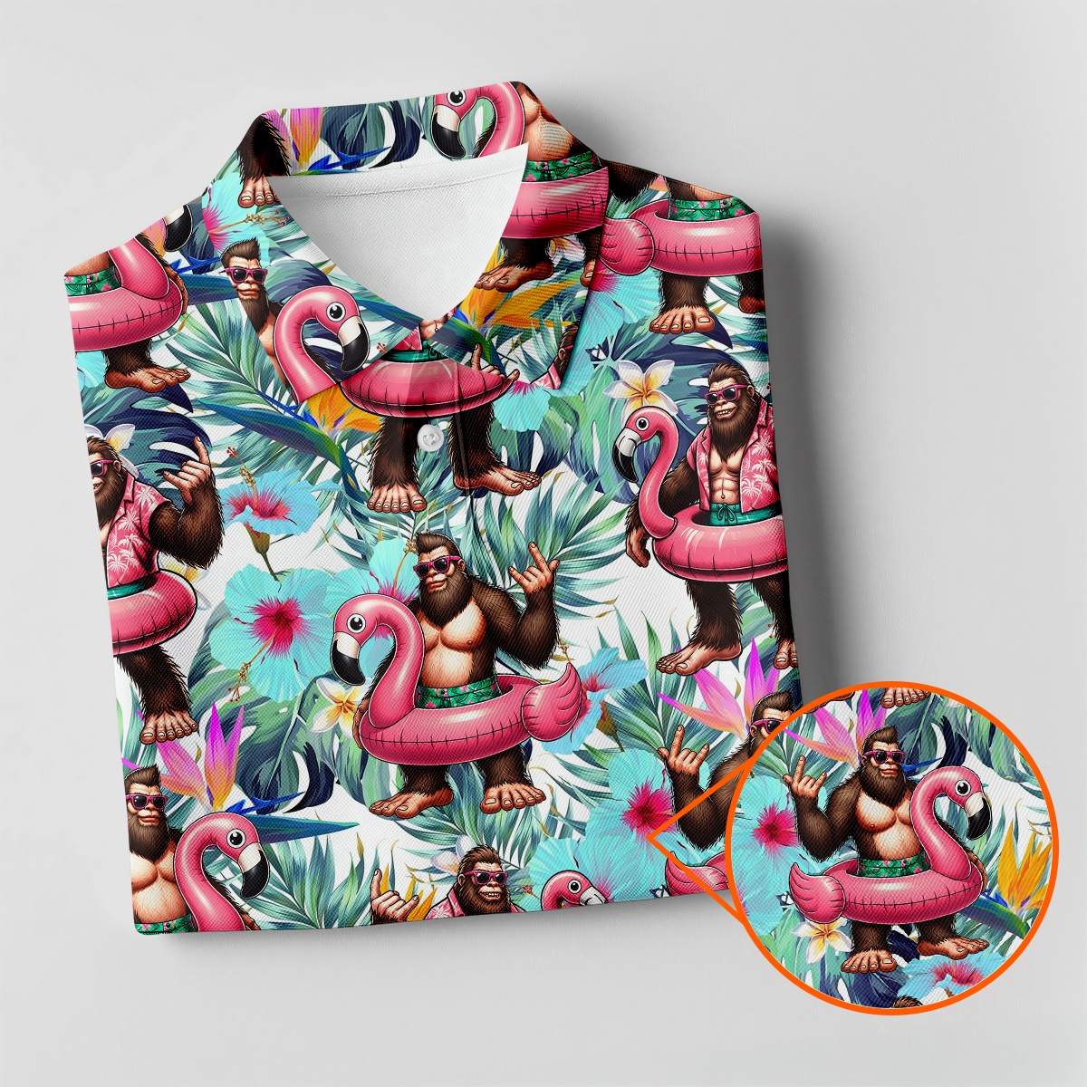 Funny Bigfoot Flamingo Float Tropical Golf Polo Shirt, Men's Golf Shirt, Golf Polo Shirts For Men