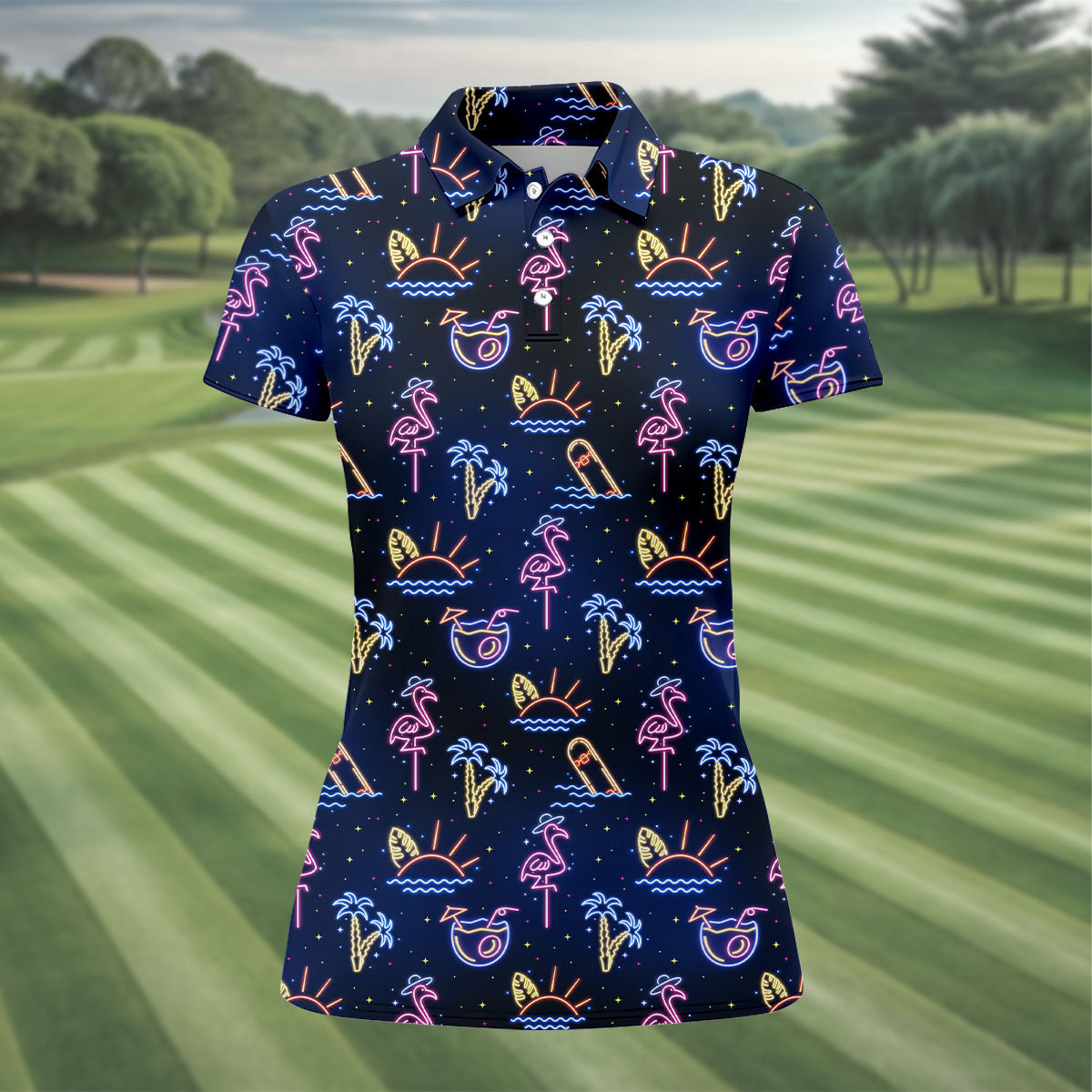 Neon Tropical Flamingo Sunset Cocktail Night Golf Polo, Hawaiian Golf Shirt, Ladies Golf Shirt