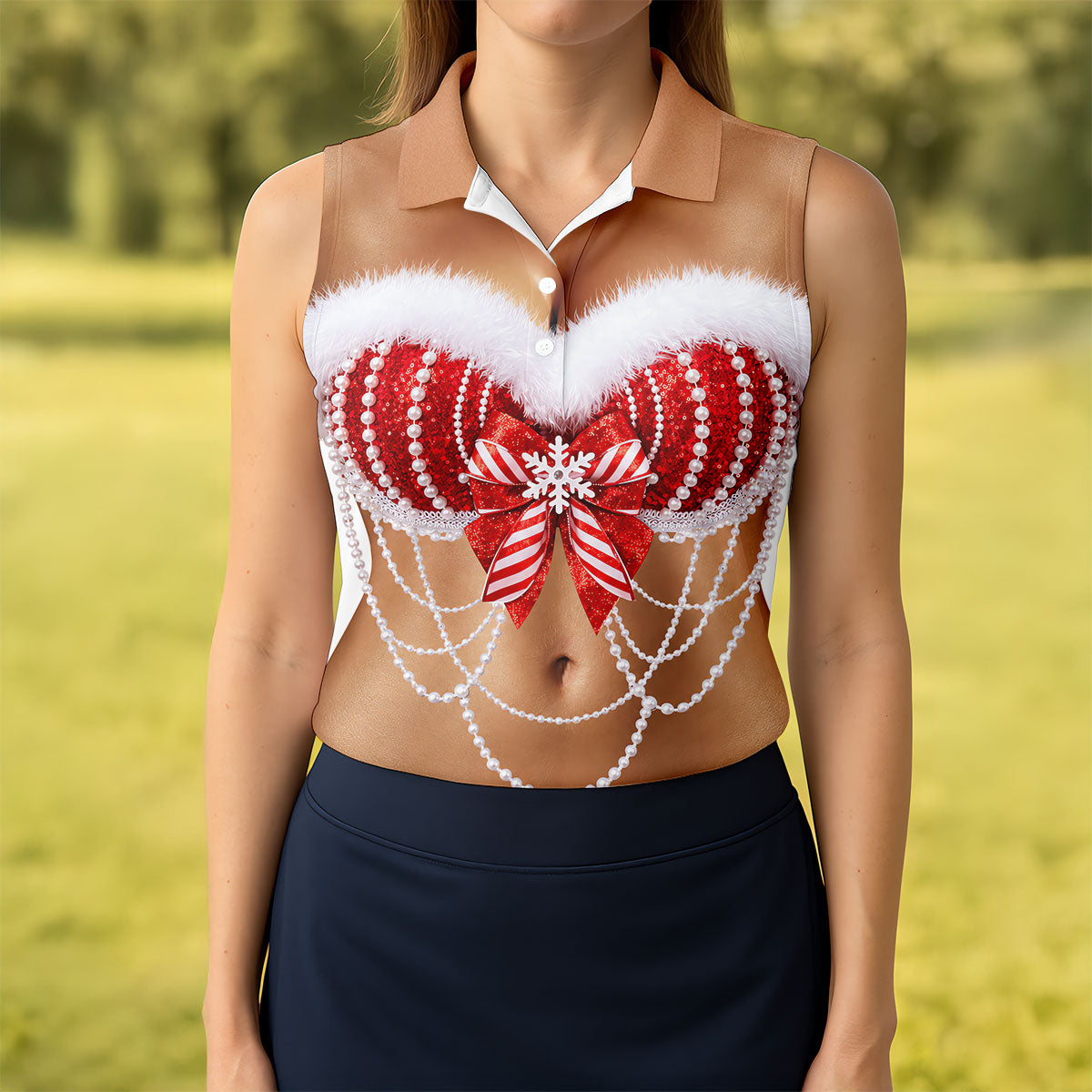 Sexy Santa Bra And Pearls Christmas Golf Shirt, Womens Golf Tops, Ladies Golf Shirts