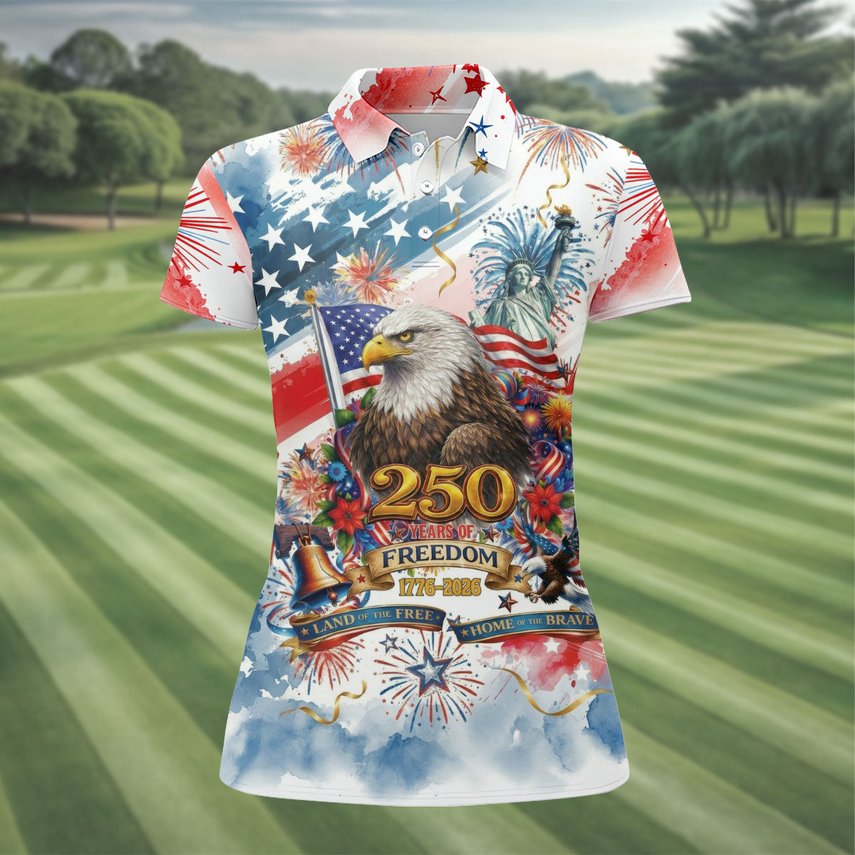 Land Of The Free Red White Blue Water Color Print 4th Of July Golf Shirt, 250 Years Golf Shirt For Women